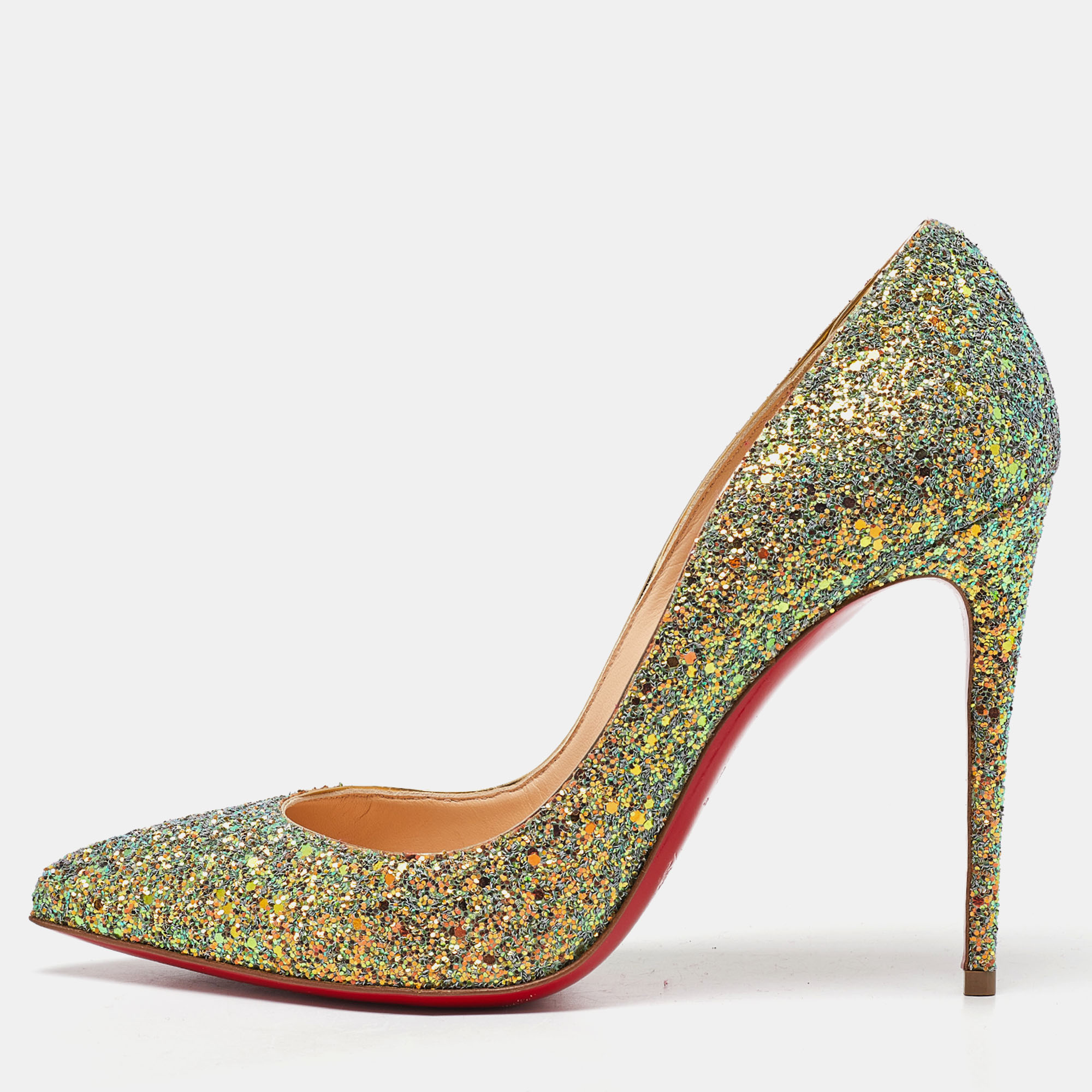 Pre-owned Christian Louboutin Gold/green Glitter Pigalle Follies Pumps Size 40.5