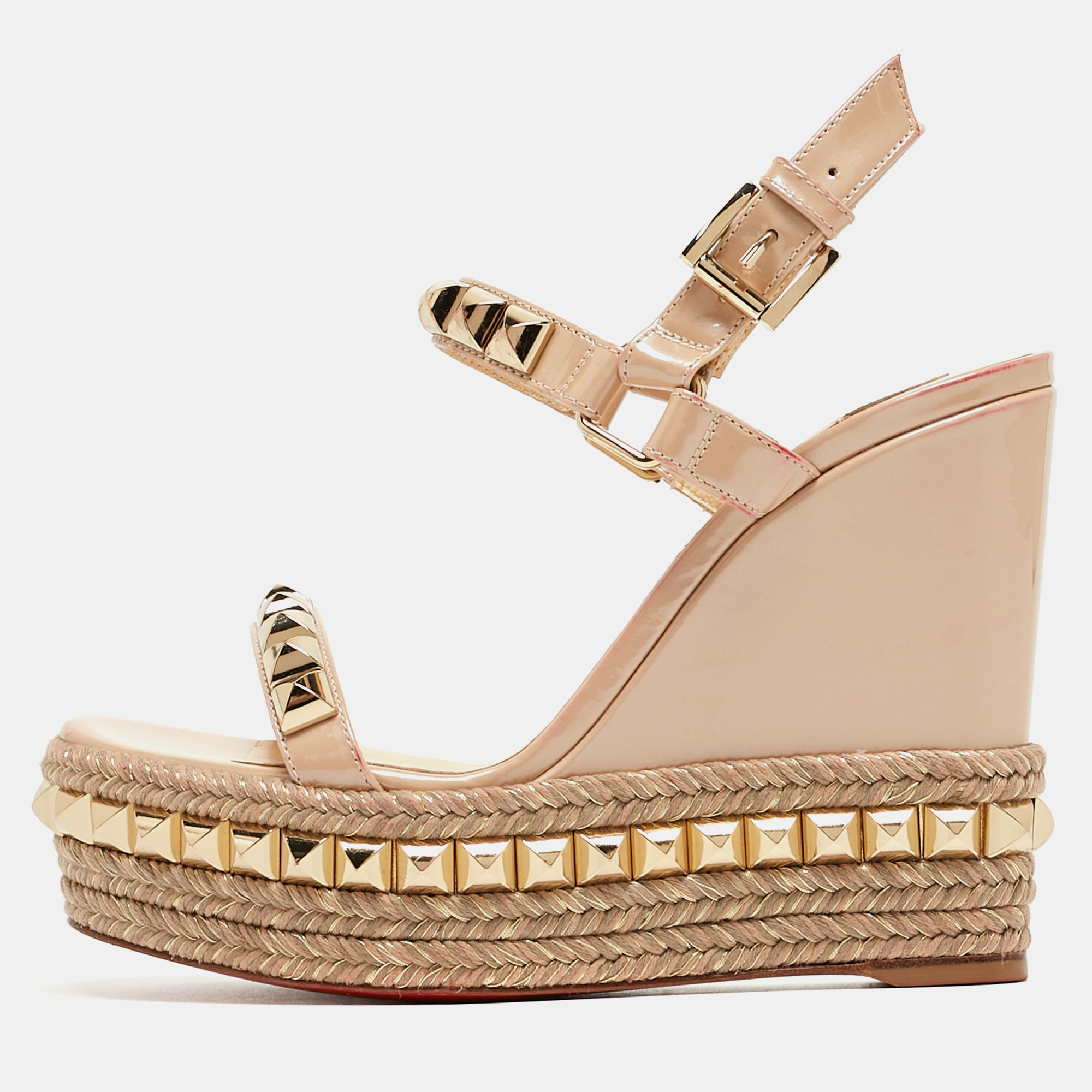 

Christian Louboutin Beige Patent Leather Pyraclou Wedge Sandals Size