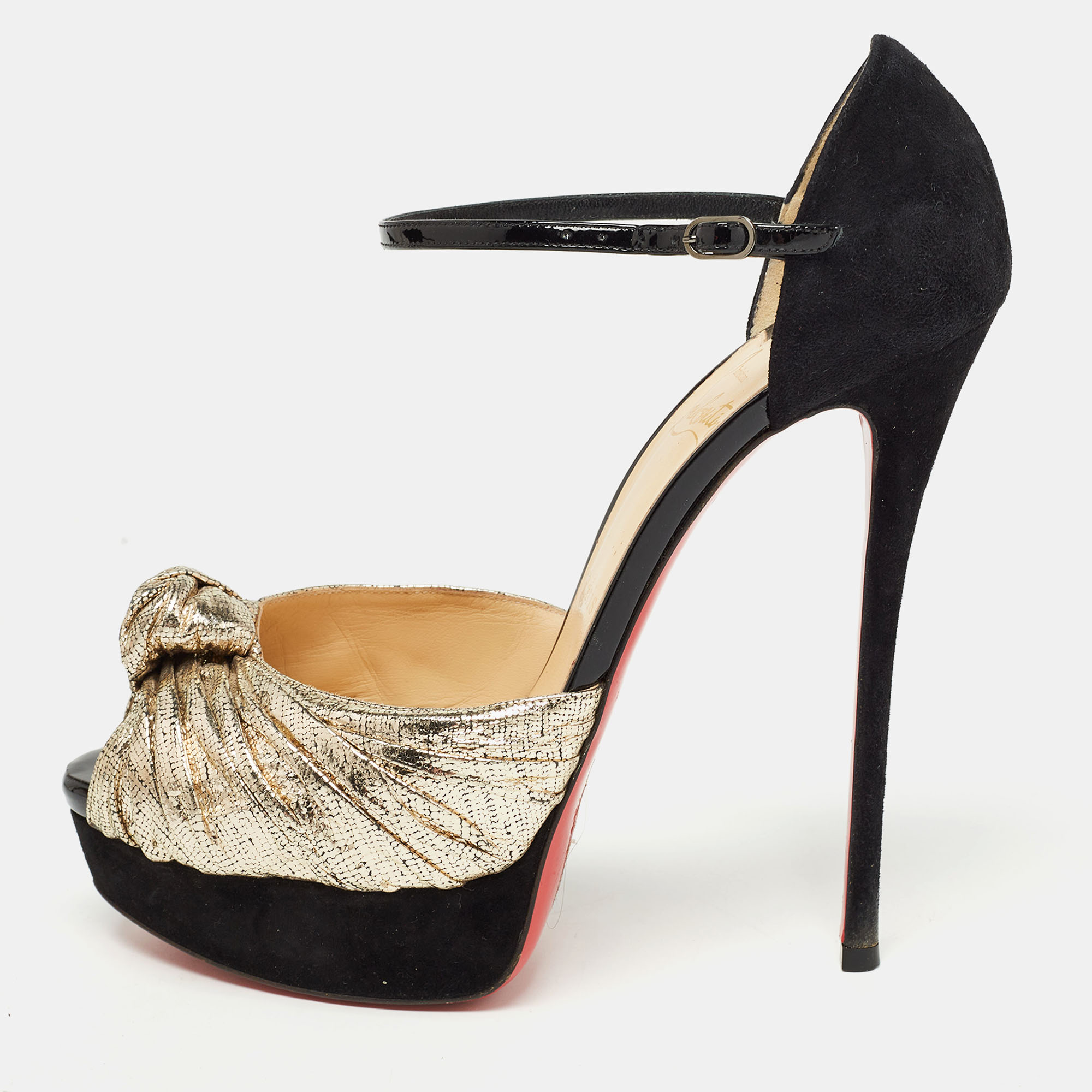 

Christian Louboutin Gold/Black Suede and Leather Ankle Strap Louboutin Sandals Size