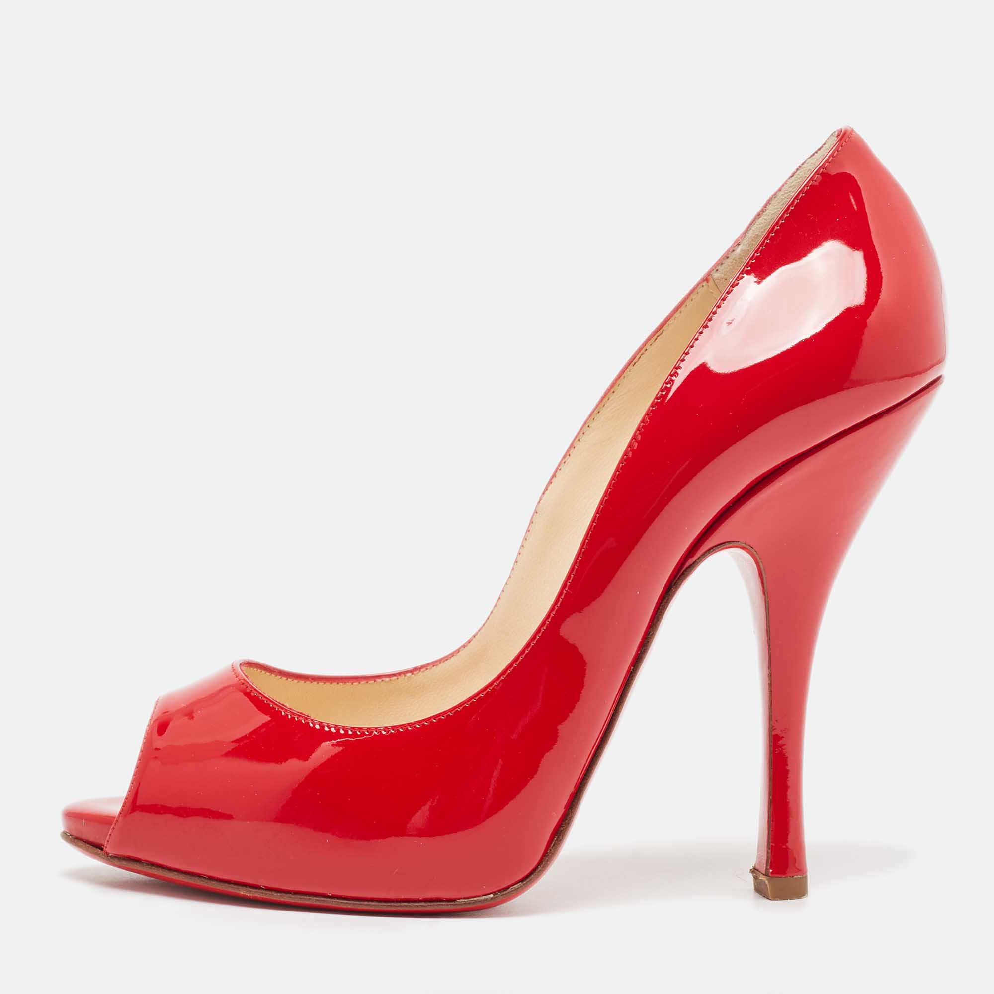 Pre-owned Christian Louboutin Red Patent Leather Maryl Peep Toe Pumps Size 37