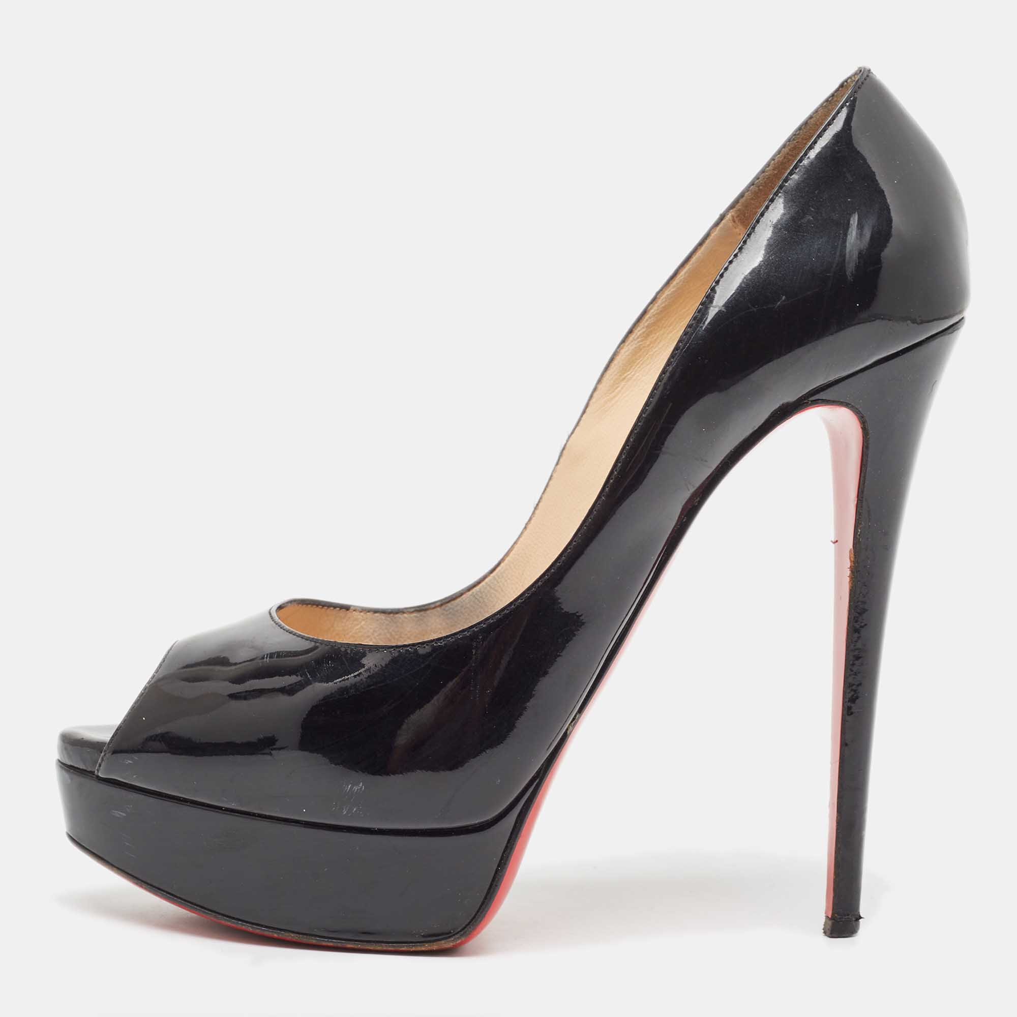 Pre-owned Christian Louboutin Black Patent Leather Lady Peep Pumps Size 40.5