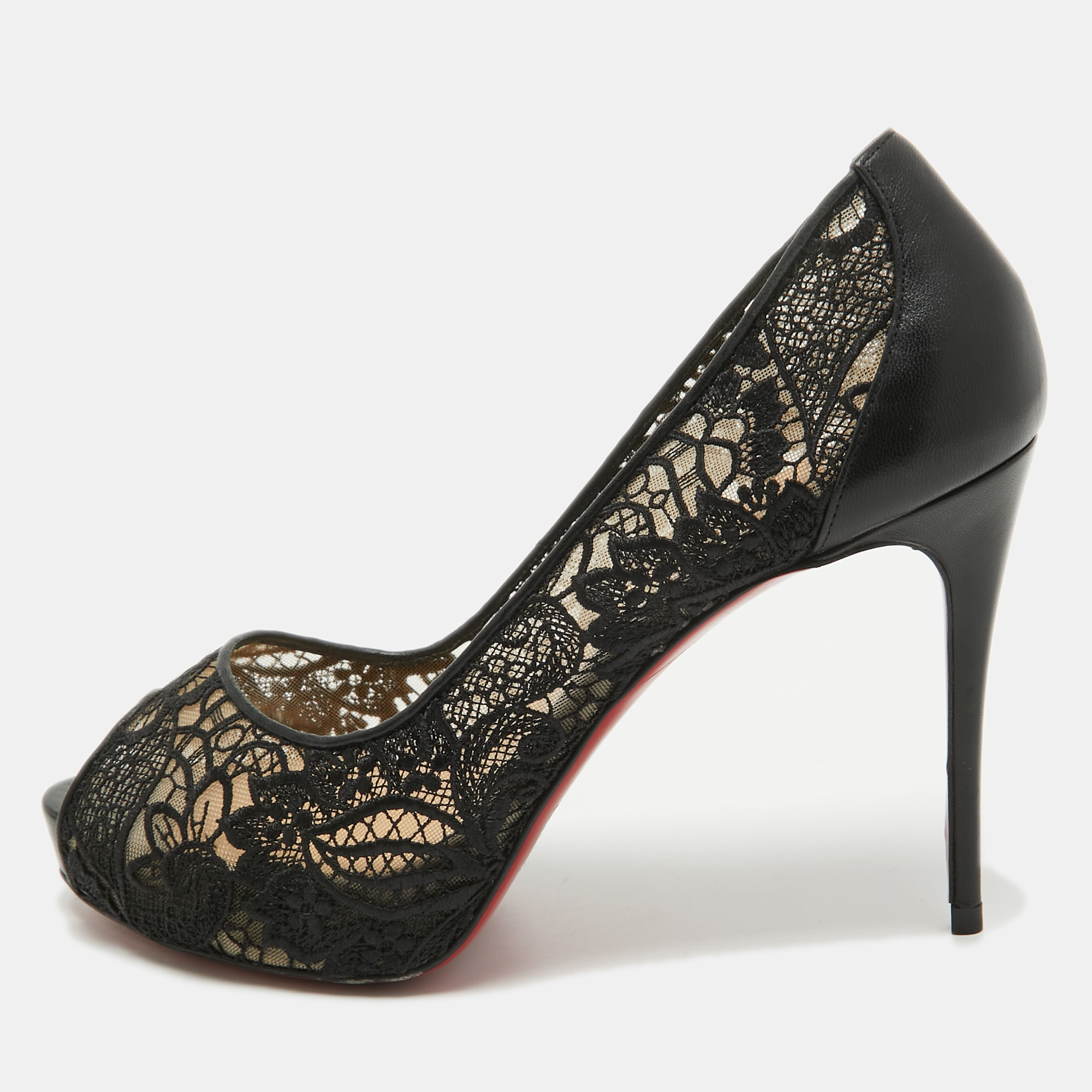 

Christian Louboutin Black Lace and Leather Very Lace Peep Toe Pumps Size
