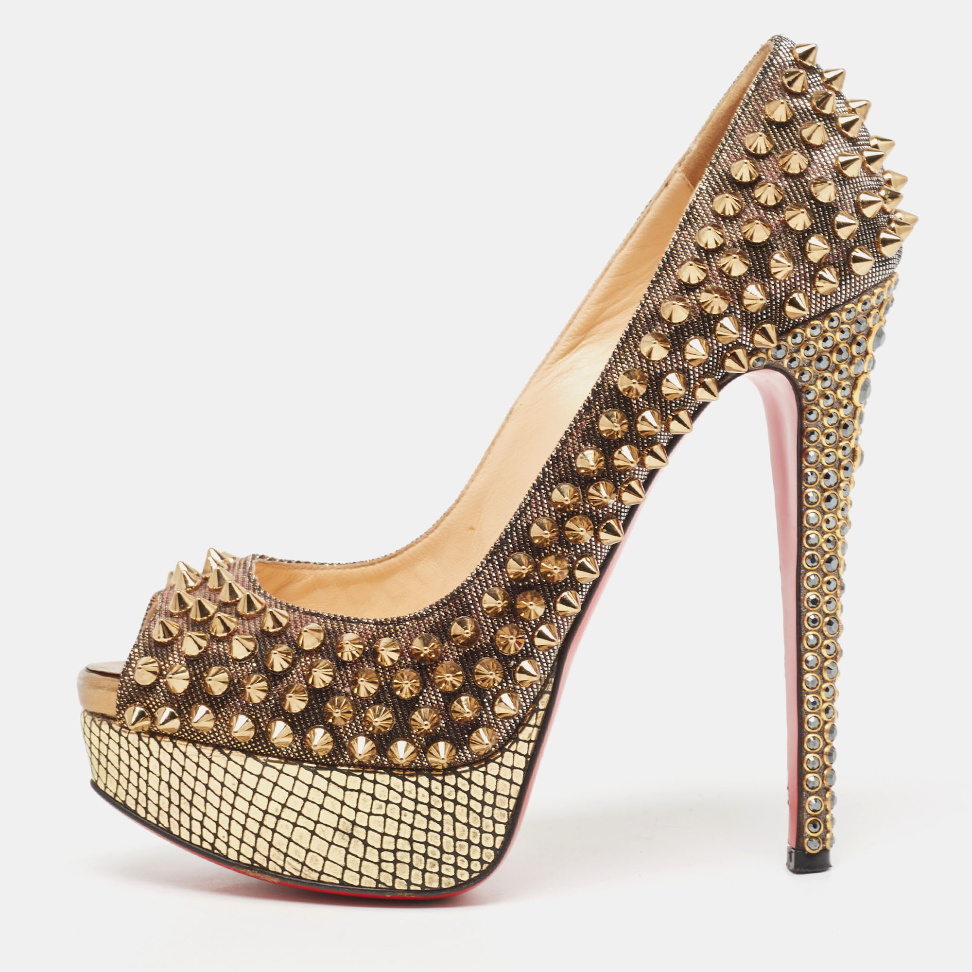 

Christian Louboutin Gold Lurex Fabric Lady Peep Spike Pumps Size