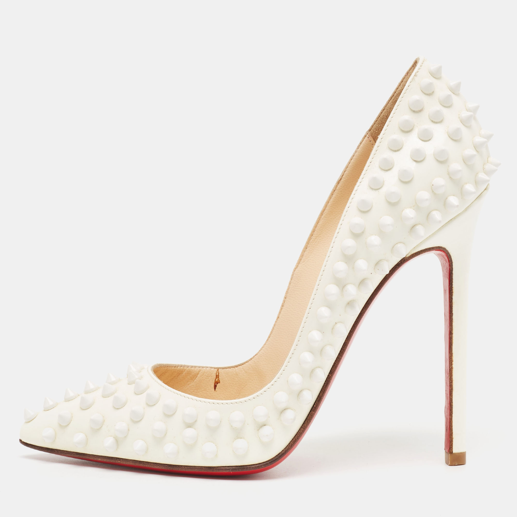 Pre-owned Christian Louboutin White Patent Leather Pigalle Spikes Pumps Size 36.5