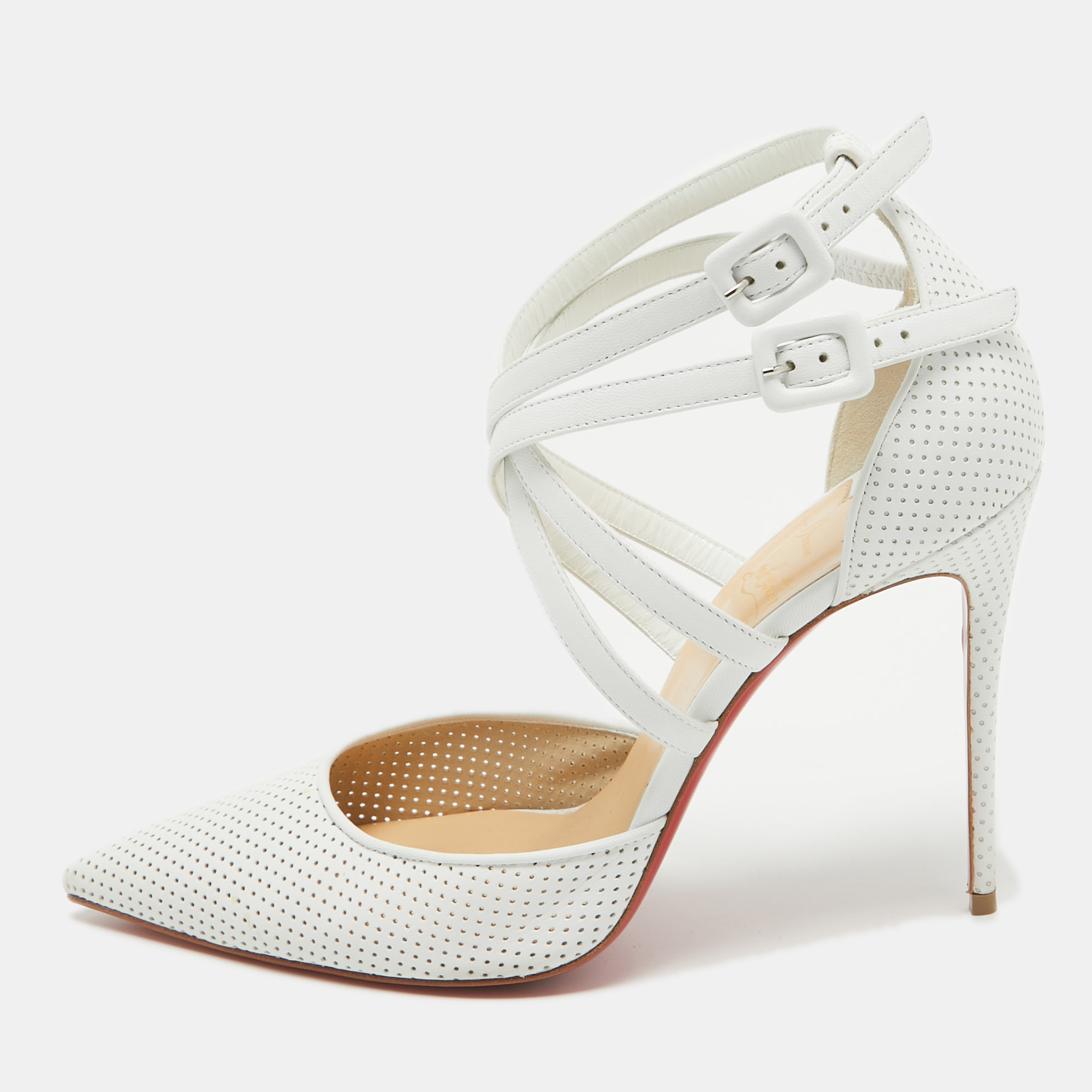 

Christian Louboutin White Perforated Leather Victororilla Pumps Size