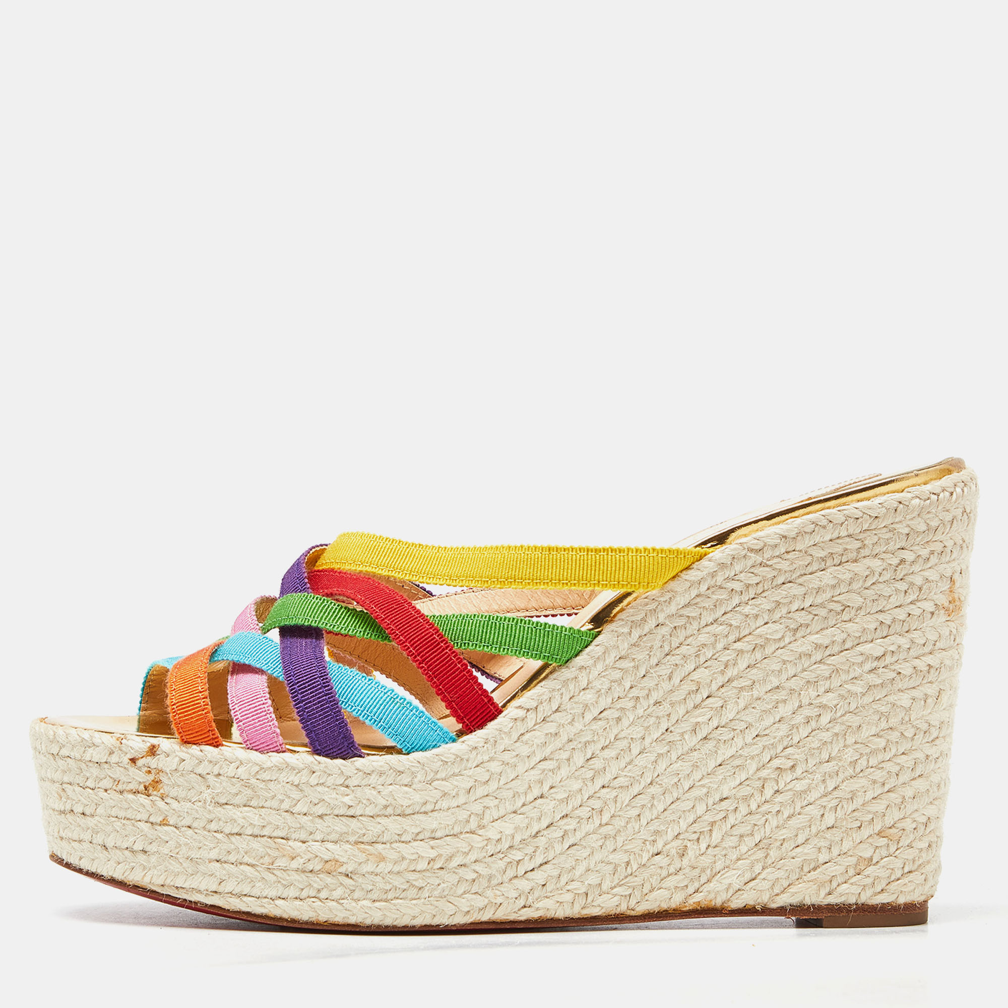 Pre-owned Christian Louboutin Multicolor Fabric Strappy Wedge Espadrille Platform Sandals Size 37