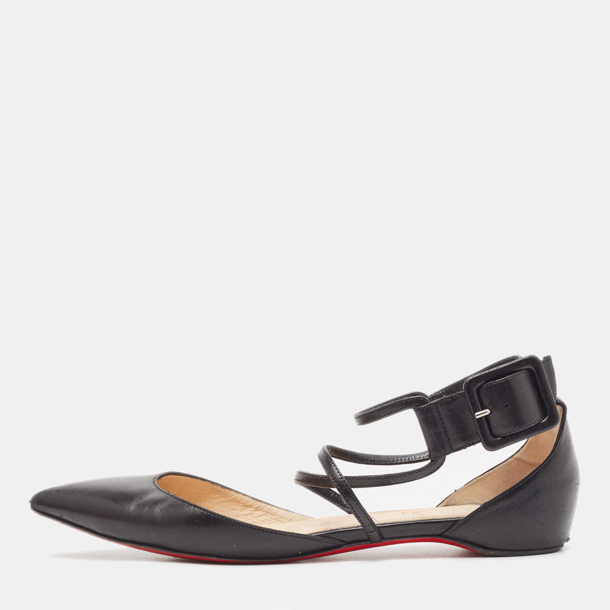 Pre-owned Christian Louboutin Black Leather Suzanna Ankle Strap Flats Size 37.5