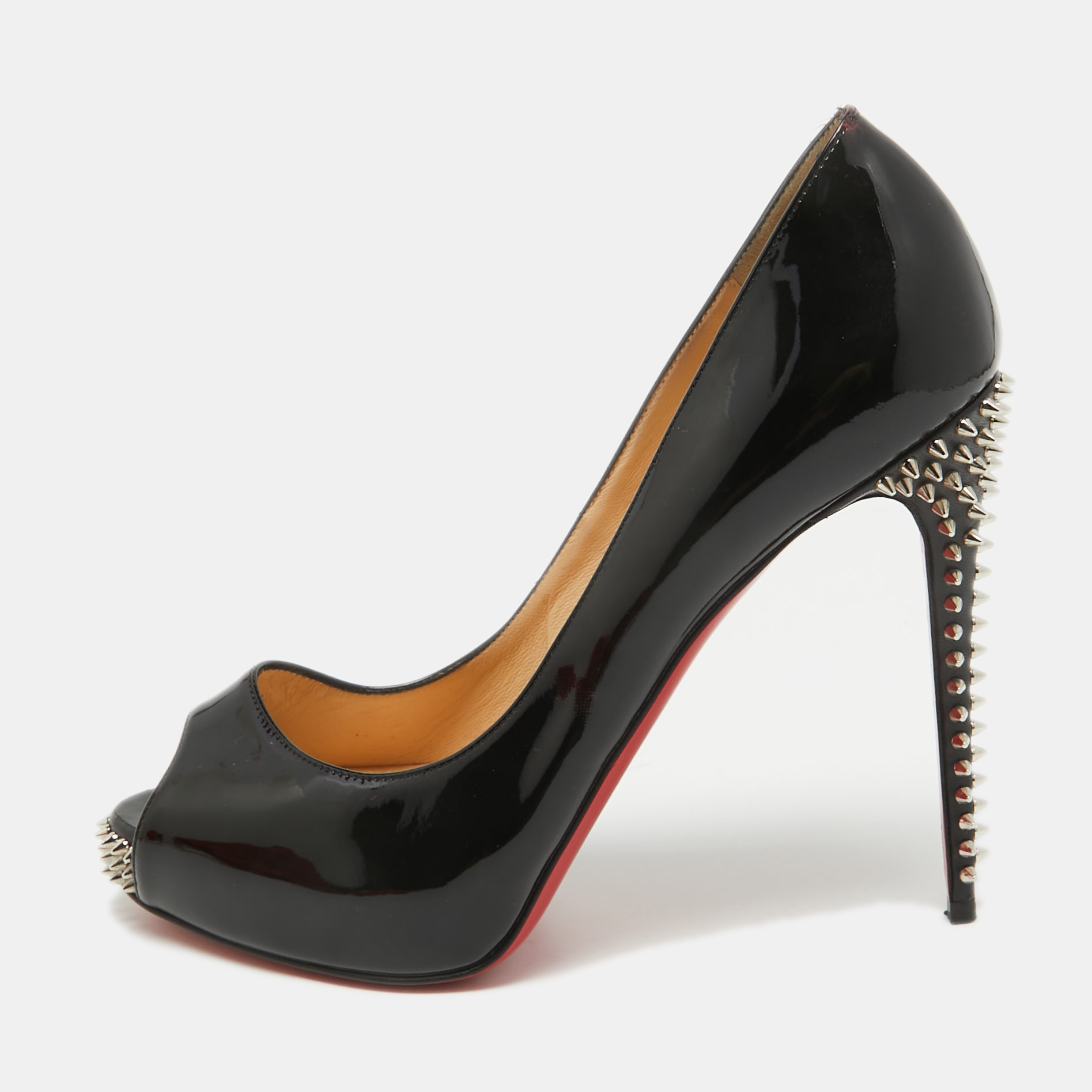 Pre-owned Christian Louboutin Black Patent Leather Spikes Peep Toe Platform Pumps Size 38.5