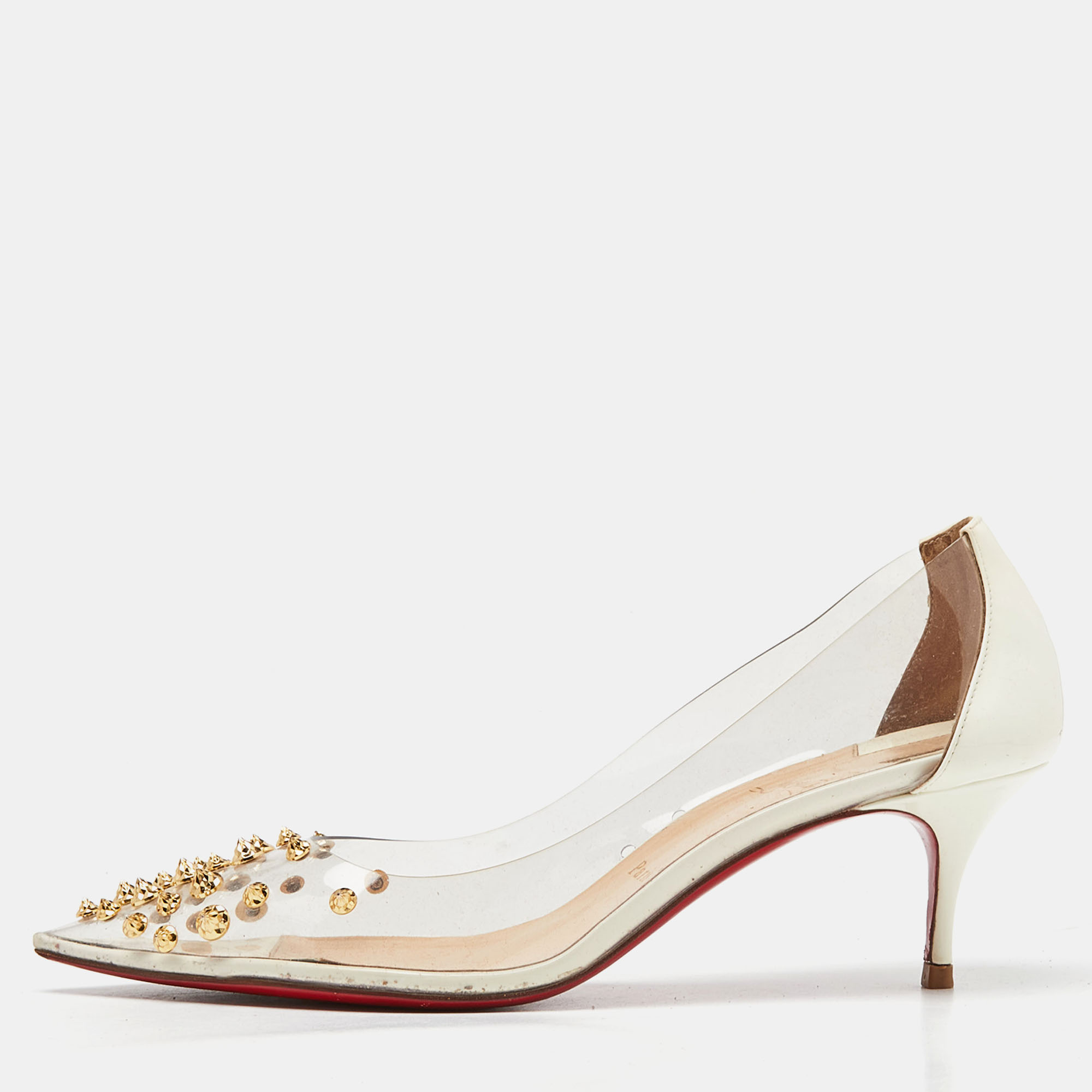 

Christian Louboutin White Patent Leather And PVC Collaclou Spiked Pointed Toe Pumps Size