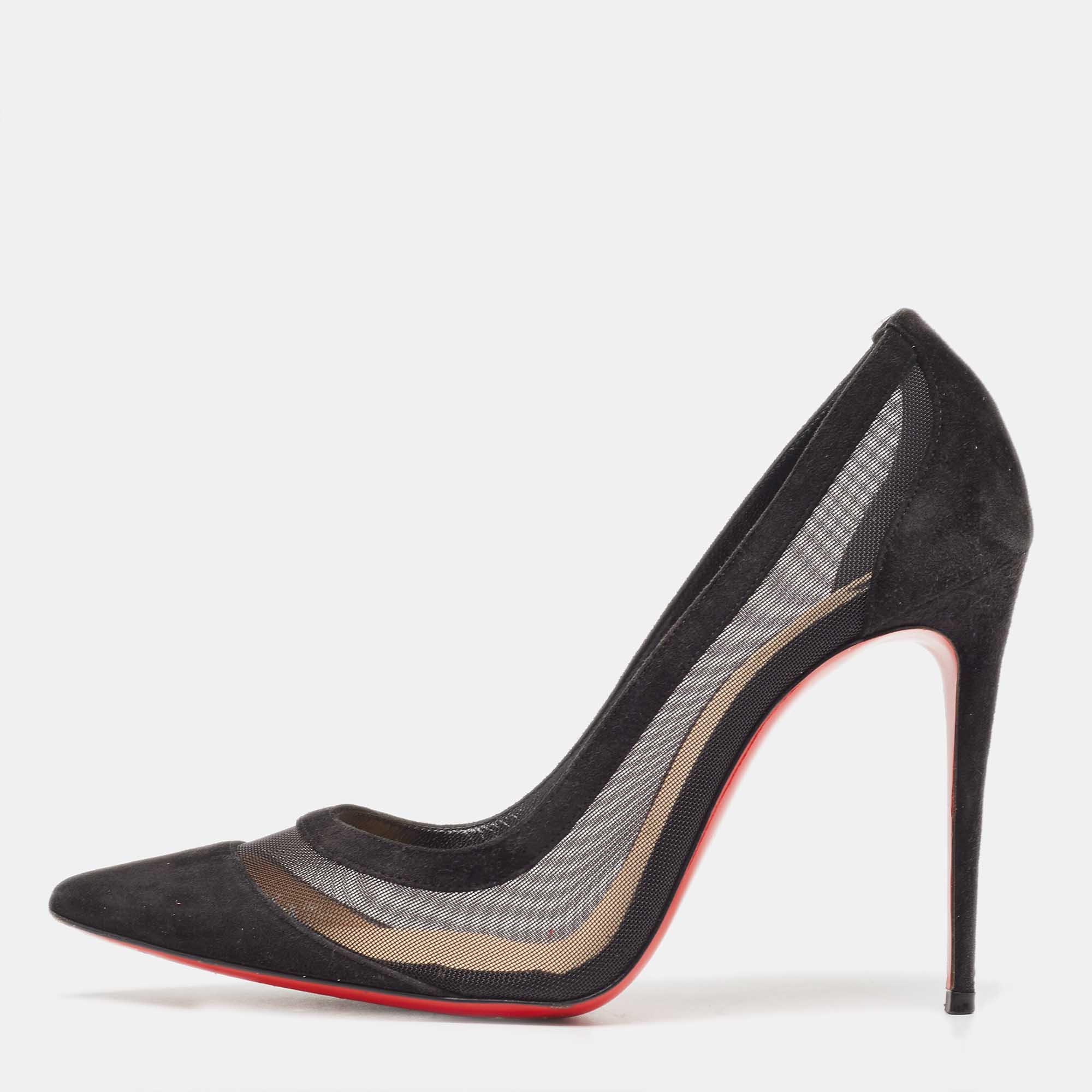 Pre-owned Christian Louboutin Black Suede And Mesh Galativi Pumps Size 38