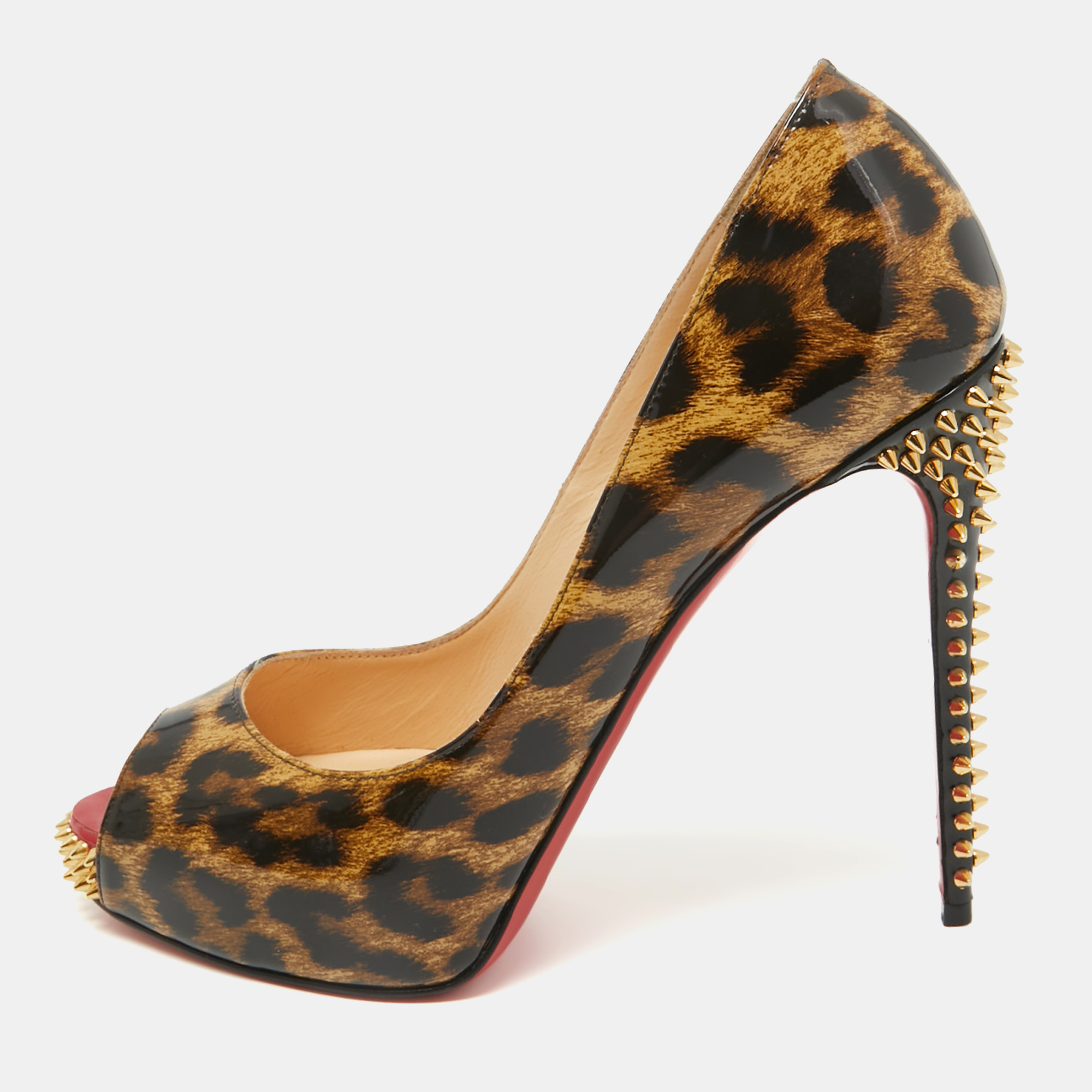Pre-owned Christian Louboutin Black/brown Leopard Print Patent Leather New Very Prive Spikes Pumps Size 38