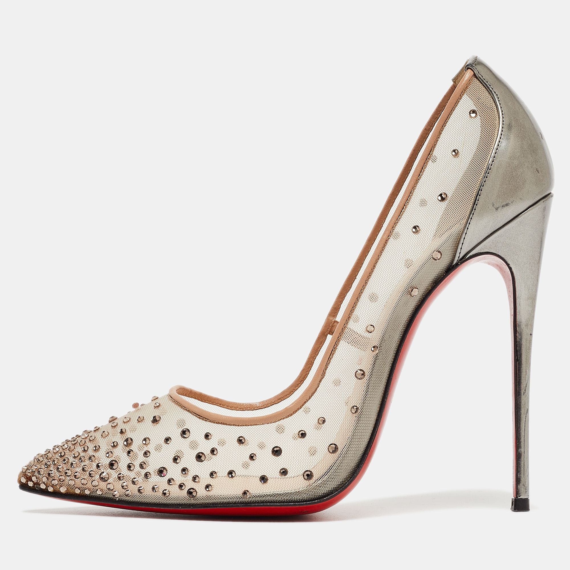 Pre-owned Christian Louboutin Grey Leather And Mesh Follies Strass Pumps Size 38 In Metallic