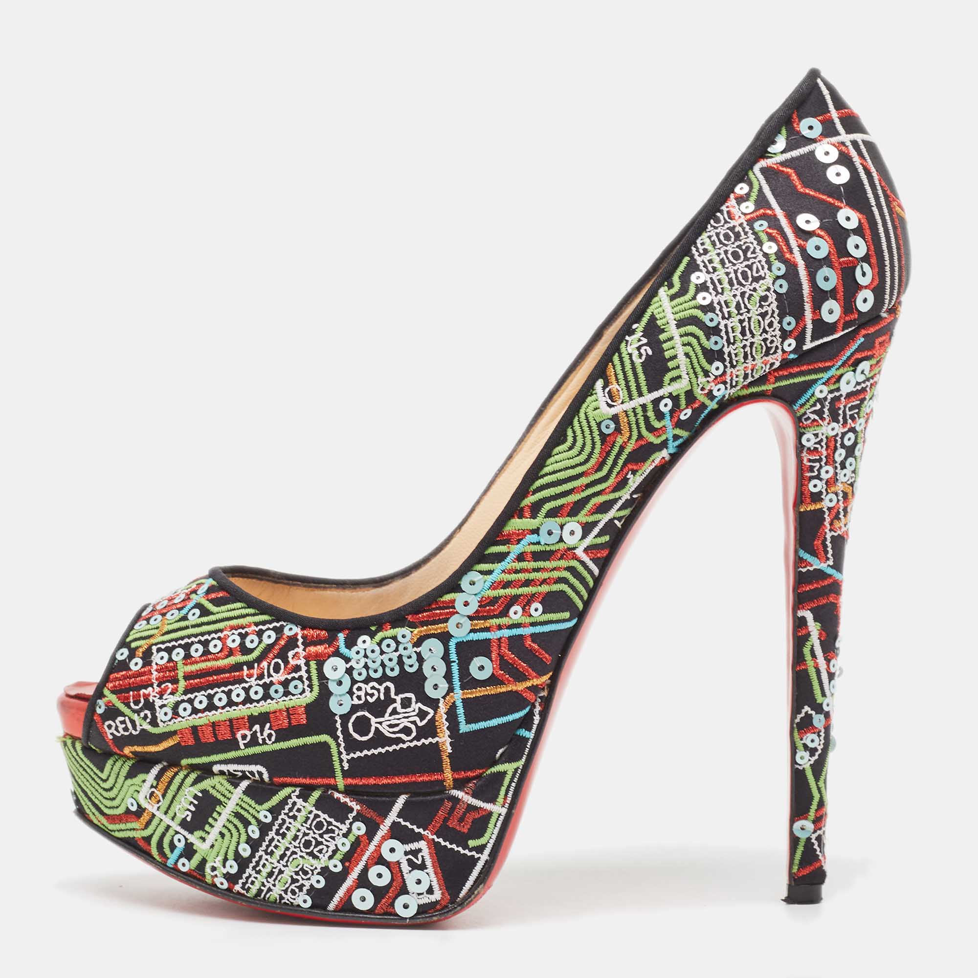 Pre-owned Christian Louboutin Satin And Sequin Embellishments Lady Peep Toe Pumps Size 37.5 In Multicolor