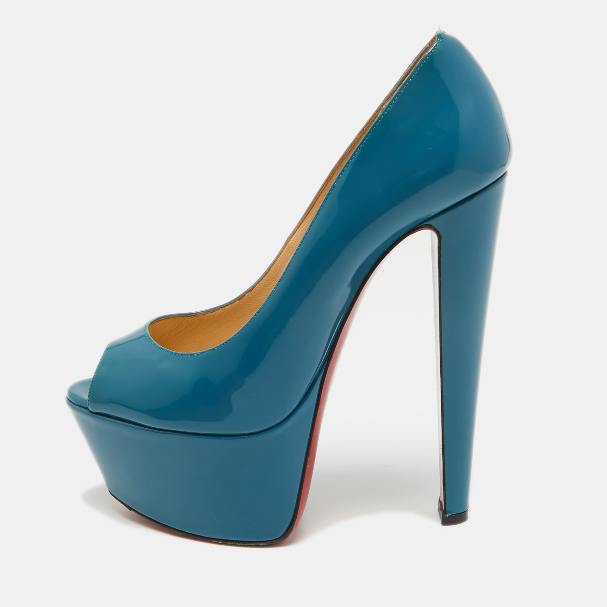 Pre-owned Christian Louboutin Blue Patent Leather Jamie Peep Toe Pumps Size 38