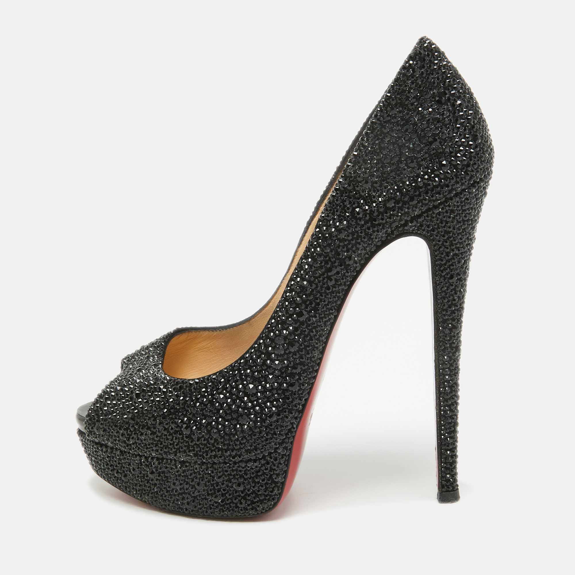 Pre-owned Christian Louboutin Black Crystal Embellished Lady Peep Toe Pumps Size 38.5