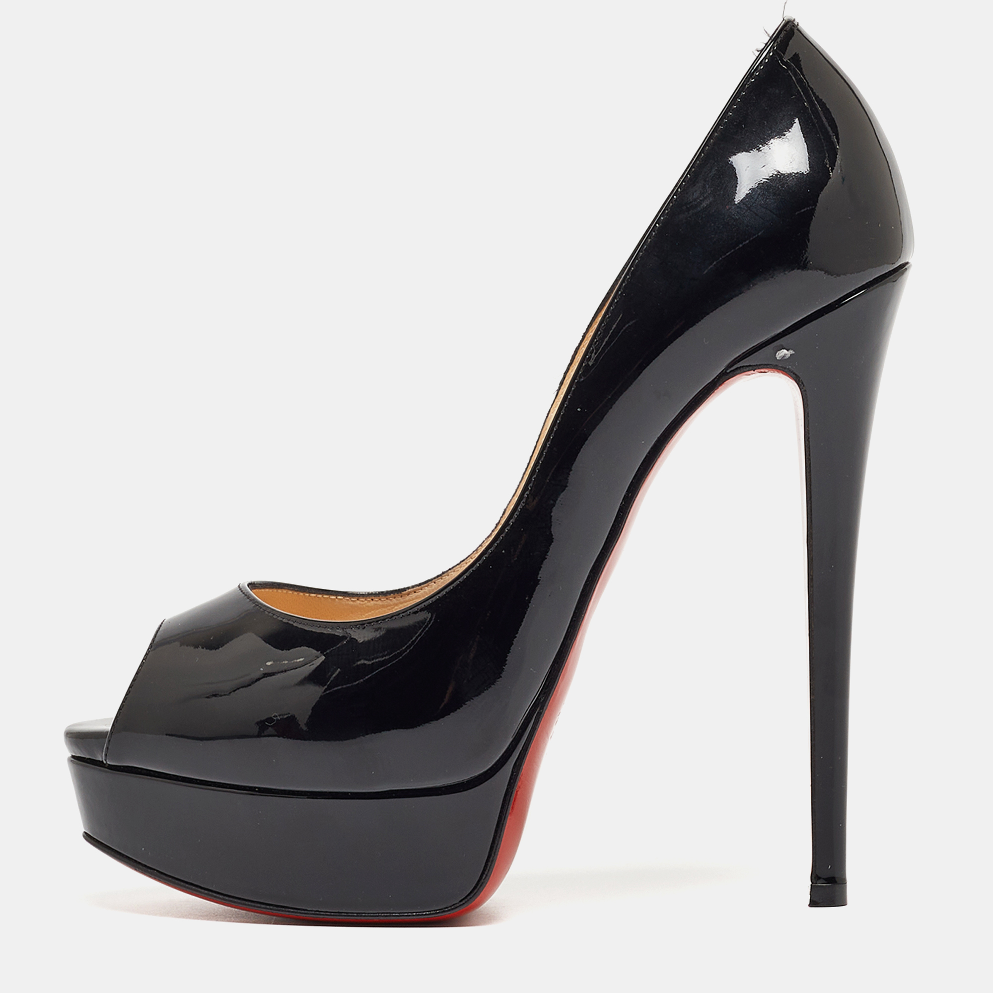 Pre-owned Christian Louboutin Black Patent Leather Lady Peep Pumps Size 38