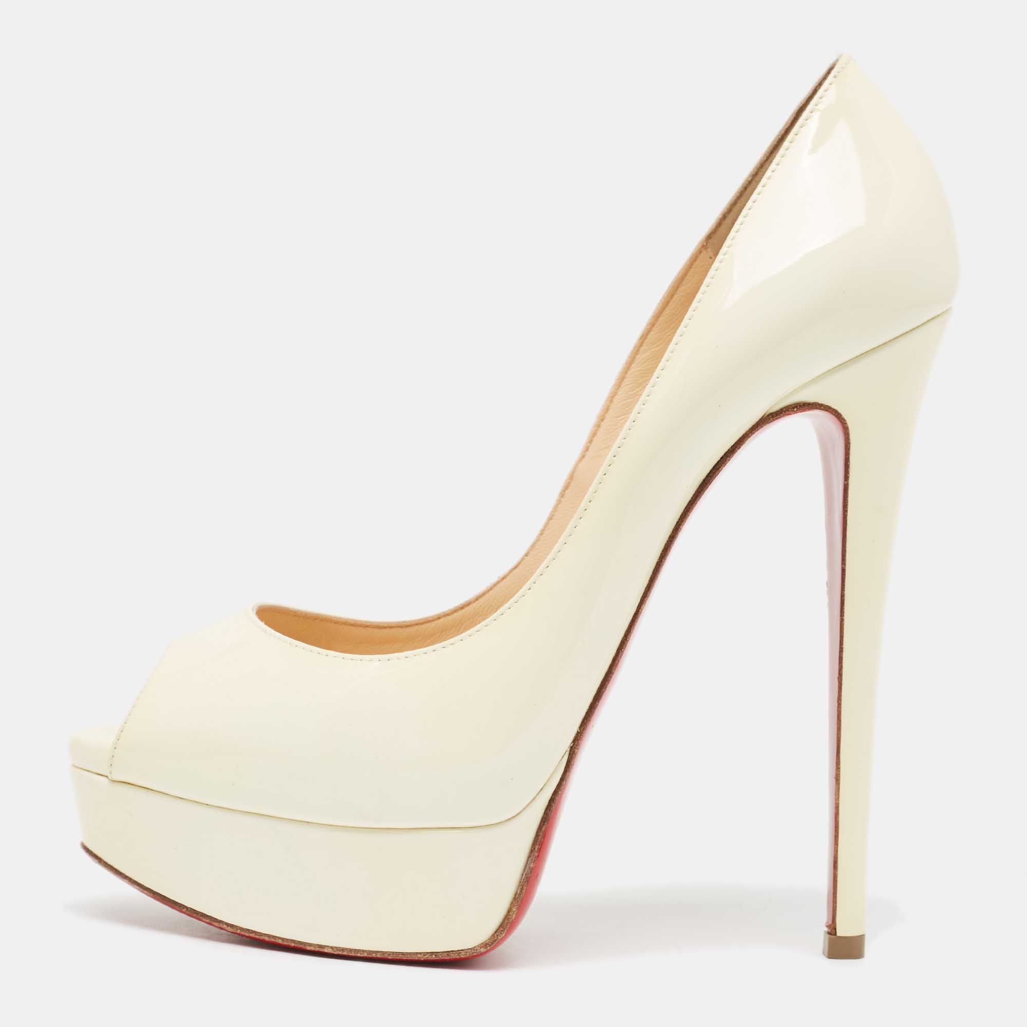 Pre-owned Christian Louboutin Cream Patent Leather Lady Peep Pumps Size 38