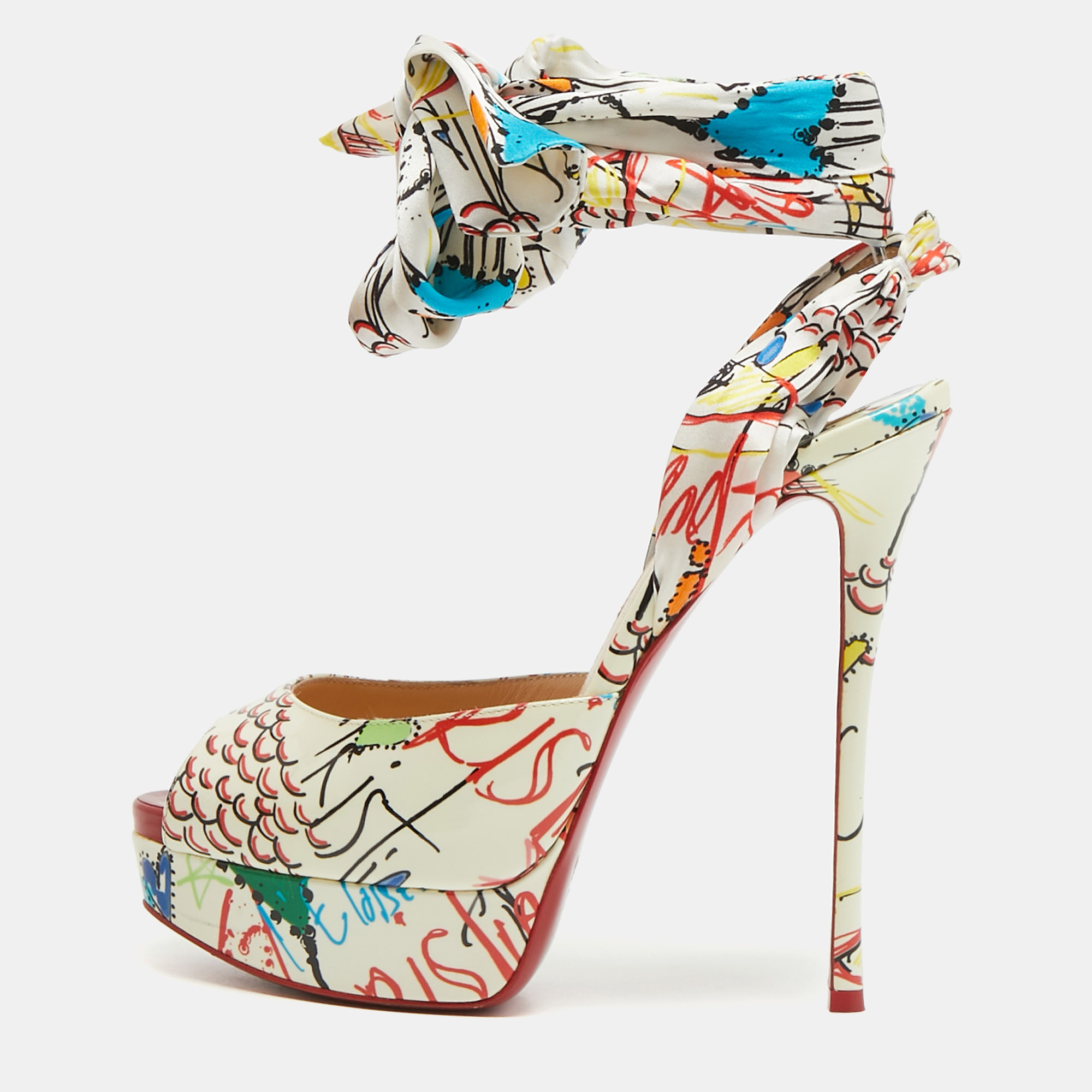 Pre-owned Christian Louboutin Multicolor Patent And Satin Jersey Vamp Graffiti Platform Sandals Size 38