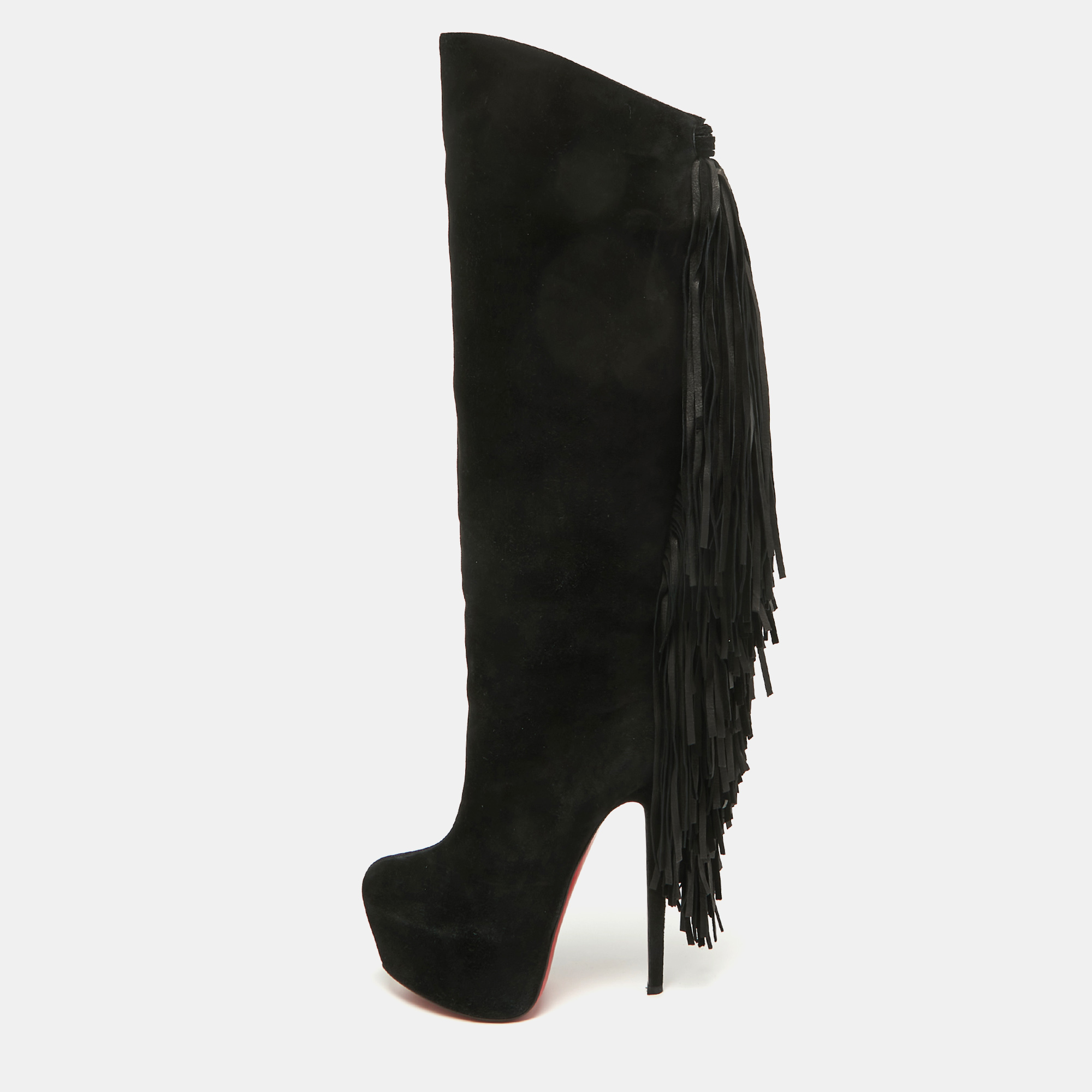 Pre-owned Christian Louboutin Black Suede Interlopa Knee Length Boots Size 37.5