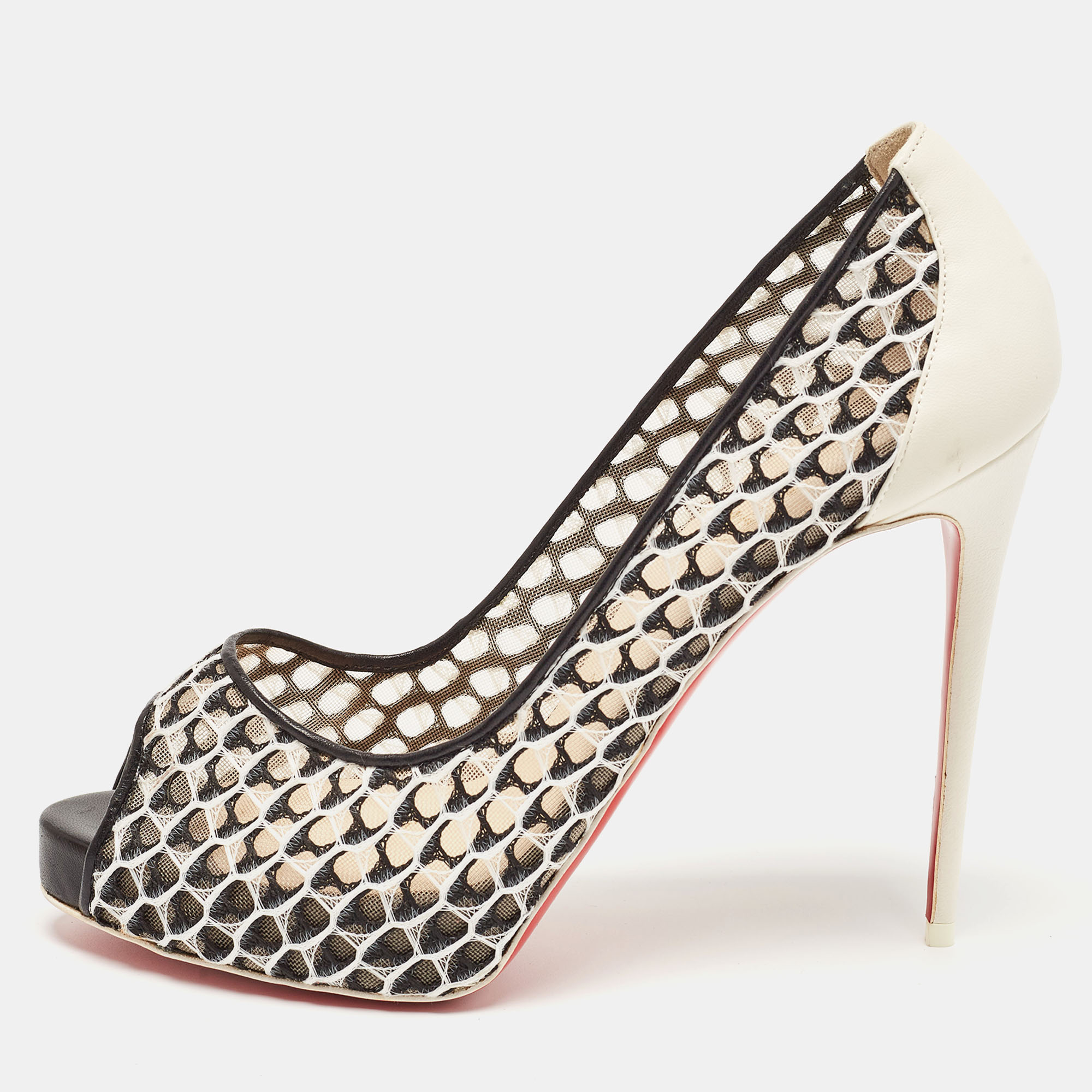 Pre-owned Christian Louboutin Black/cream Mesh And Leather Very Lace Dentelle Pumps Size 38.5 In Multicolor
