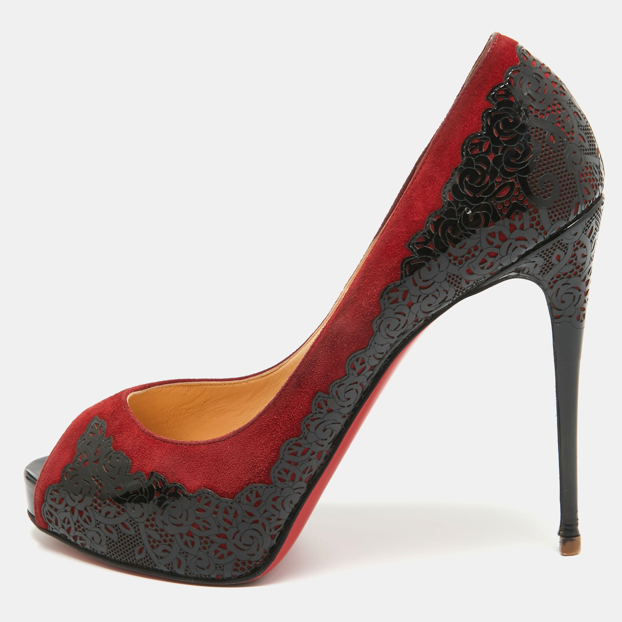 Pre-owned Christian Louboutin Red/black Suede And Laser Cut Patent Veramucha Pumps Size 41