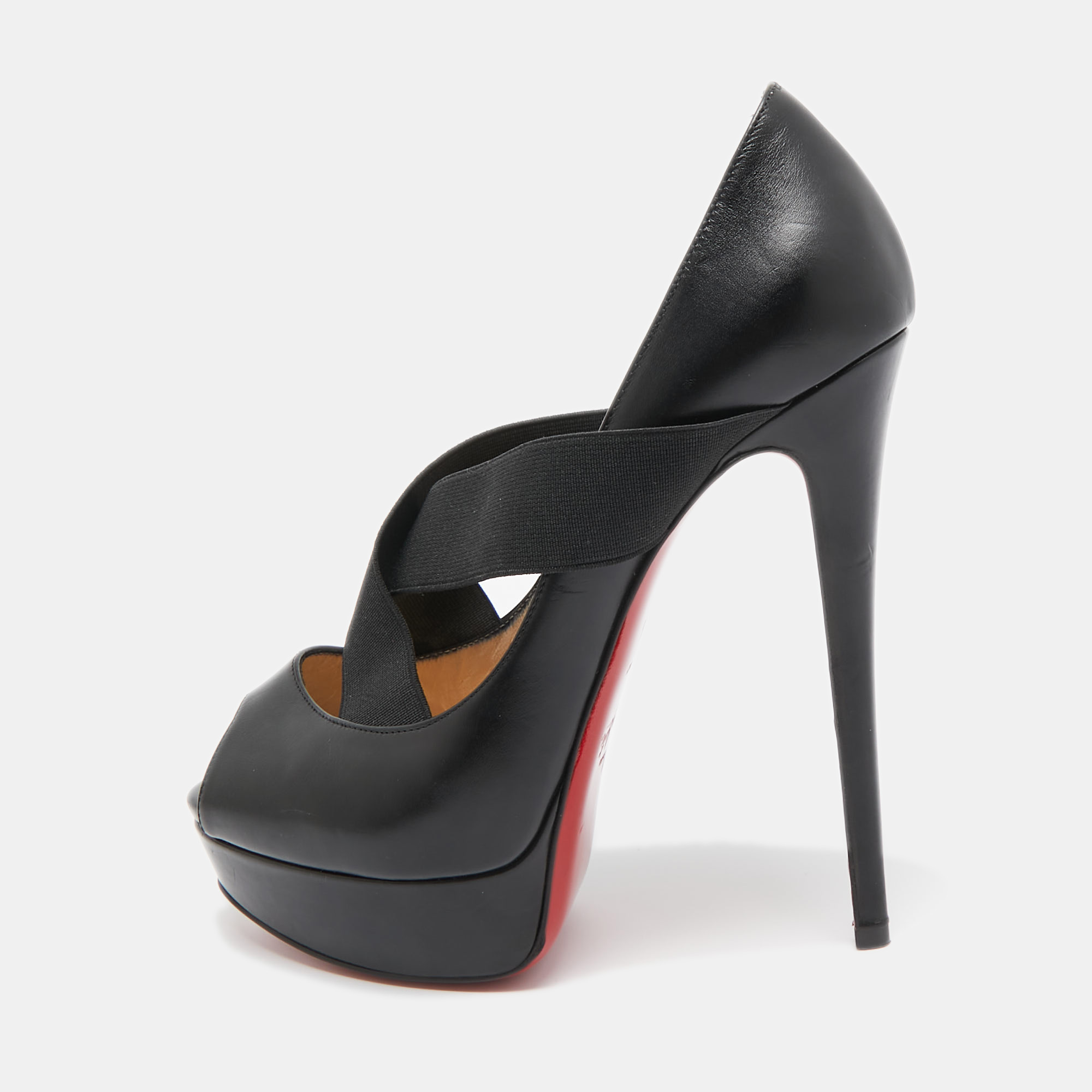 Pre-owned Christian Louboutin Black Leather And Elastic Cross Strap Platform Peep Toe Pumps Size 38.5