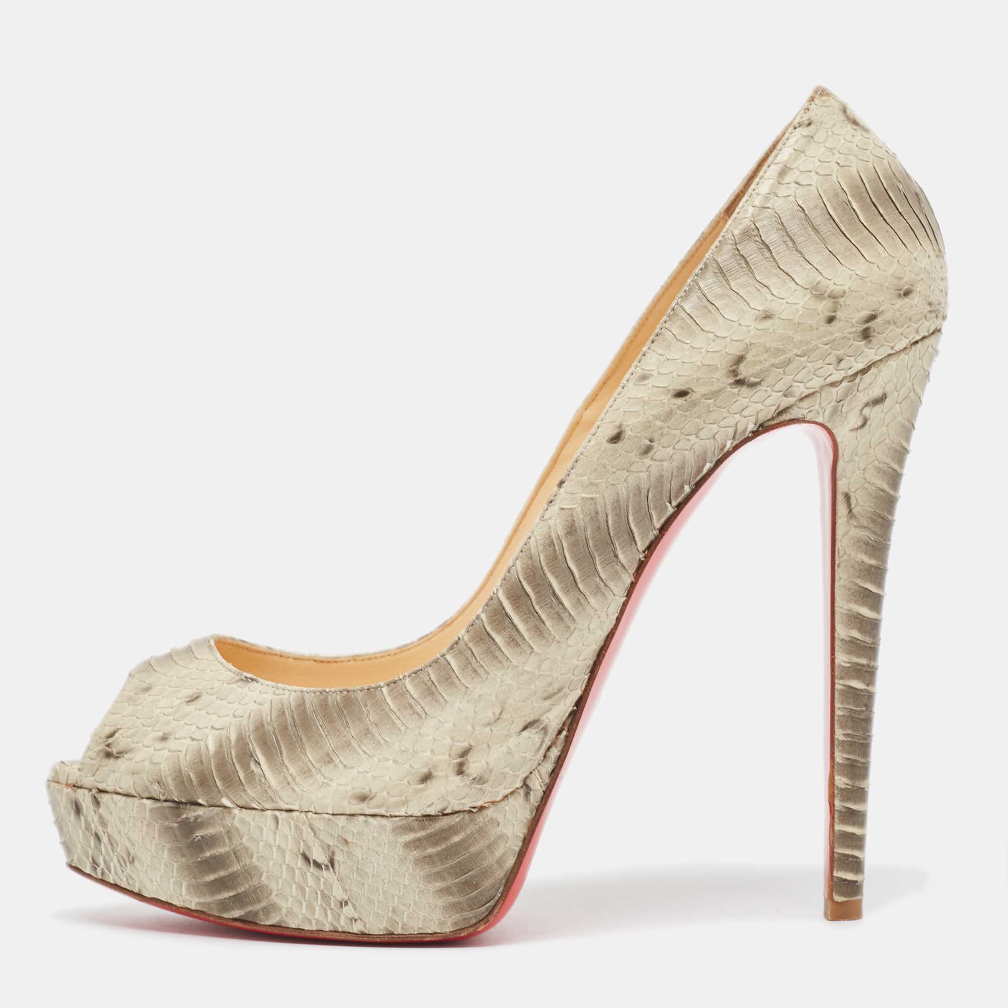 Pre-owned Christian Louboutin Two Tone Python Lady Peep Pumps Size 41 In Grey