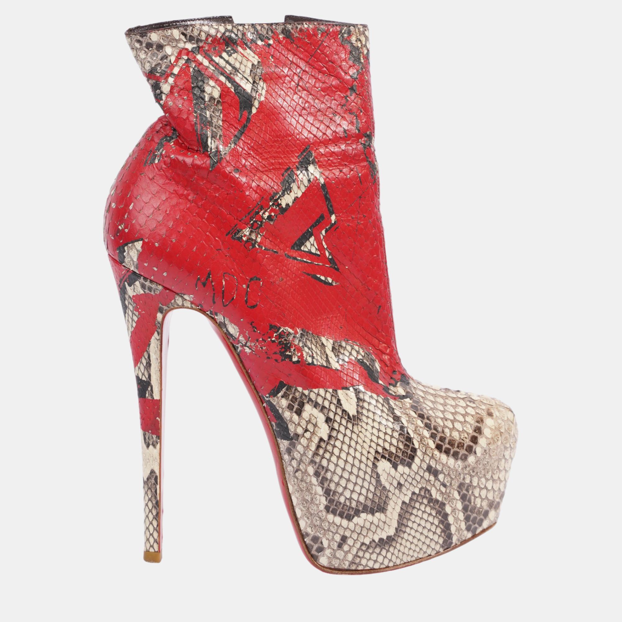 Pre-owned Christian Louboutin Daf Ankle Boots 150 Red / White Python Eu 38 Uk 5