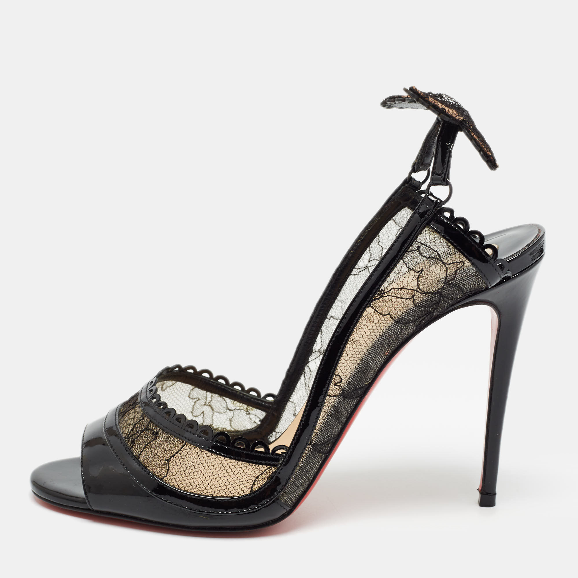 Christian Louboutin Black Lace and Patent Leather Hot Spring Butterfly Pumps Size 37.5