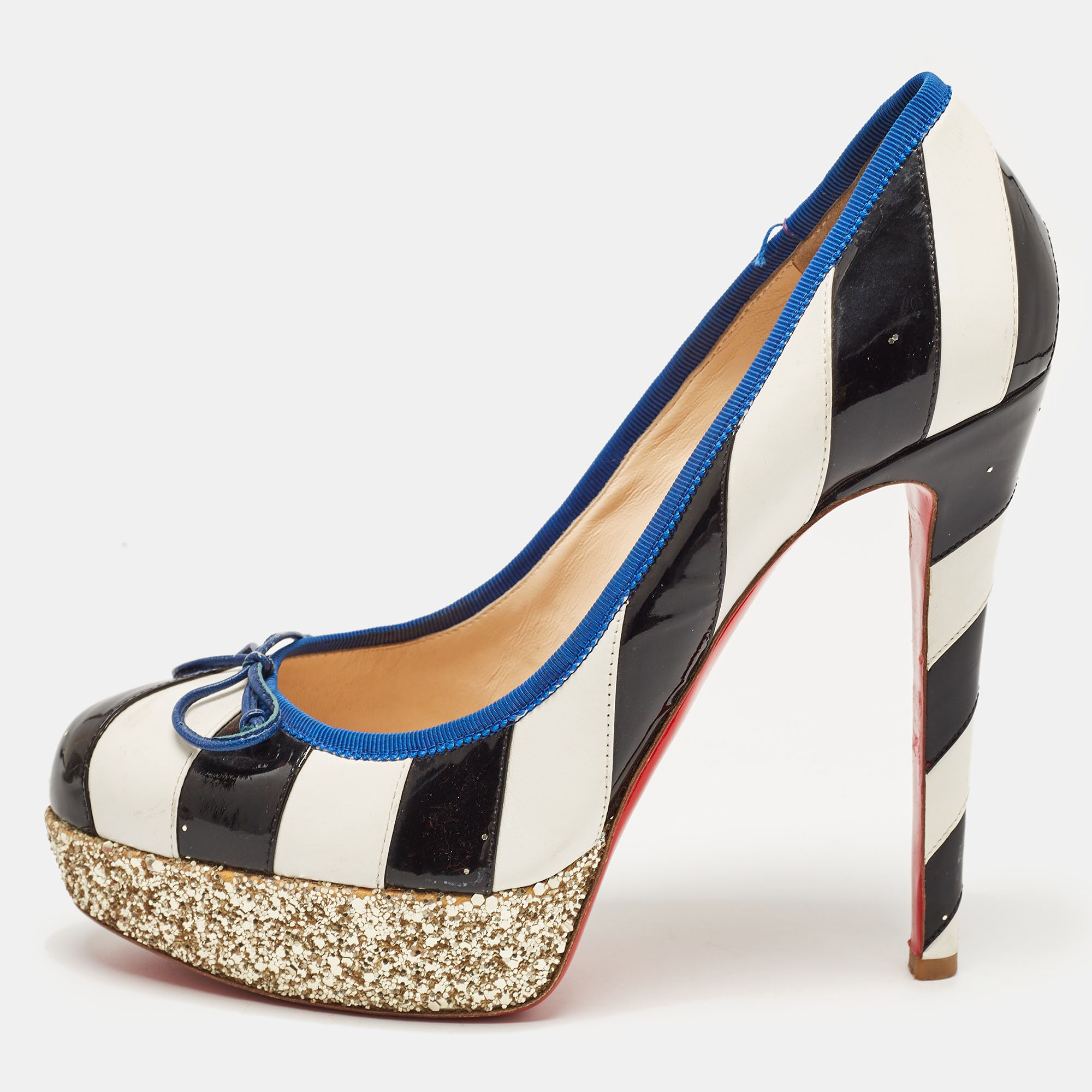 Pre-owned Christian Louboutin White/black Striped Leather And Patent Foraine Pumps Size 39