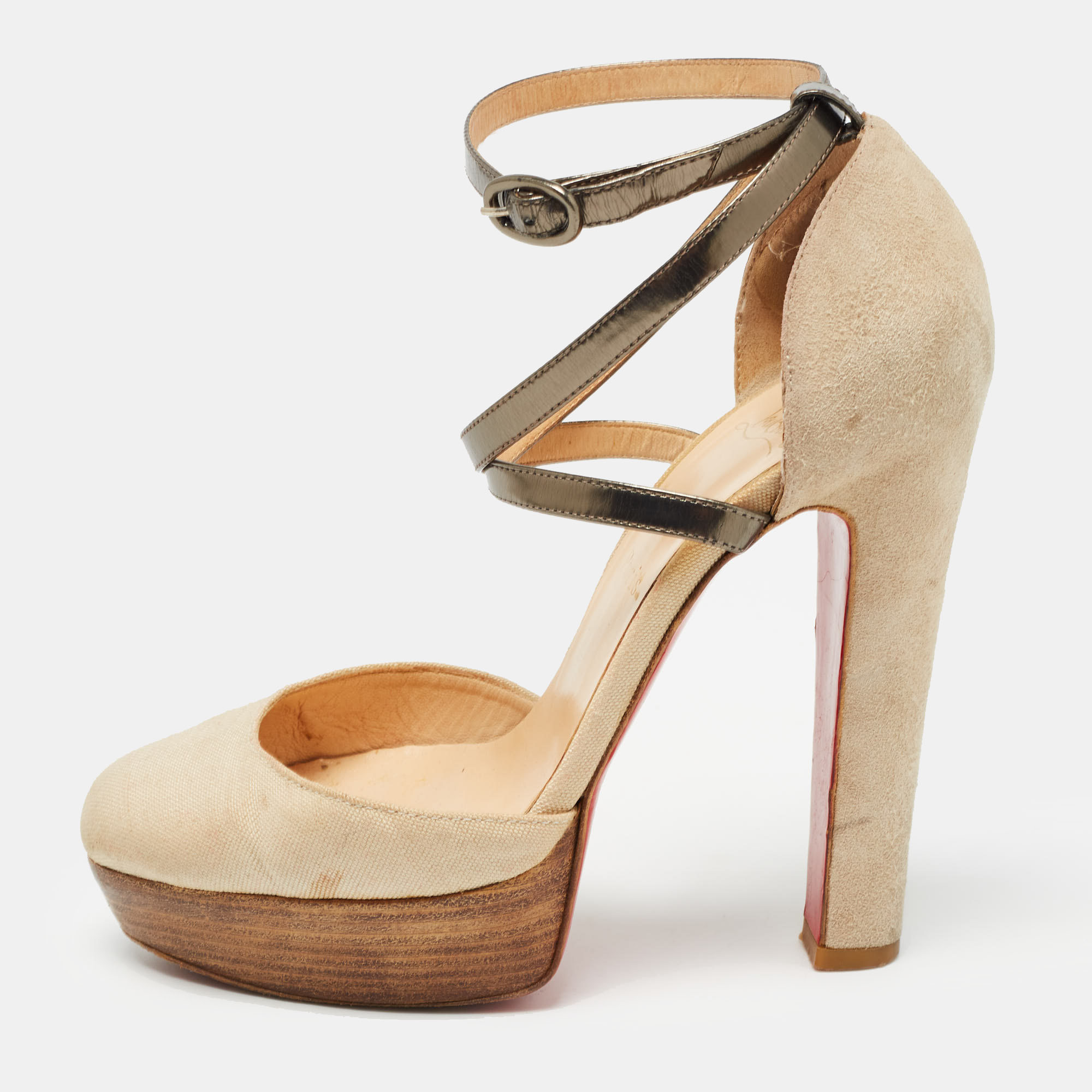 Pre-owned Christian Louboutin Tricolor Canvas And Suede Platform Ankle Strap Pumps Size 37 In Beige
