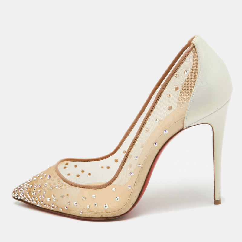 

Christian Louboutin Beige/Iridescent Mesh and Leather Follies Strass Pumps Size