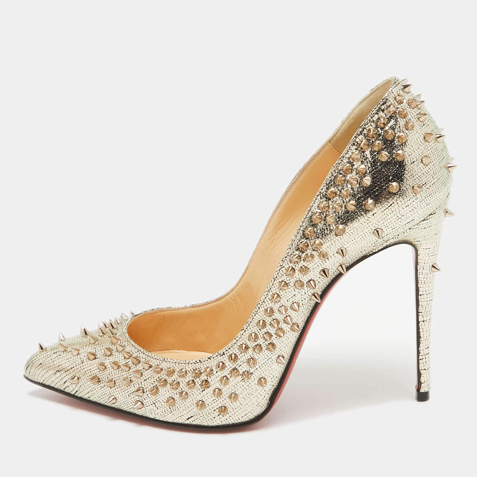 Pre-owned Christian Louboutin Gold Laminated Suede Escarpic Spike Pumps Size 37.5