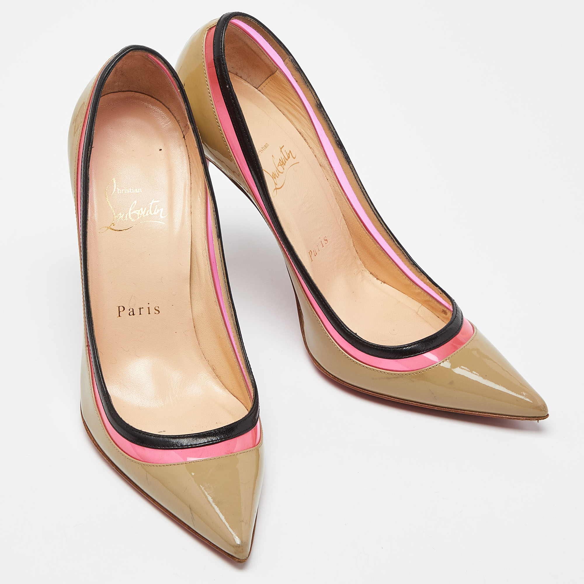 Christian Louboutin Beige/Pink Patent Leather and PVC Paulina