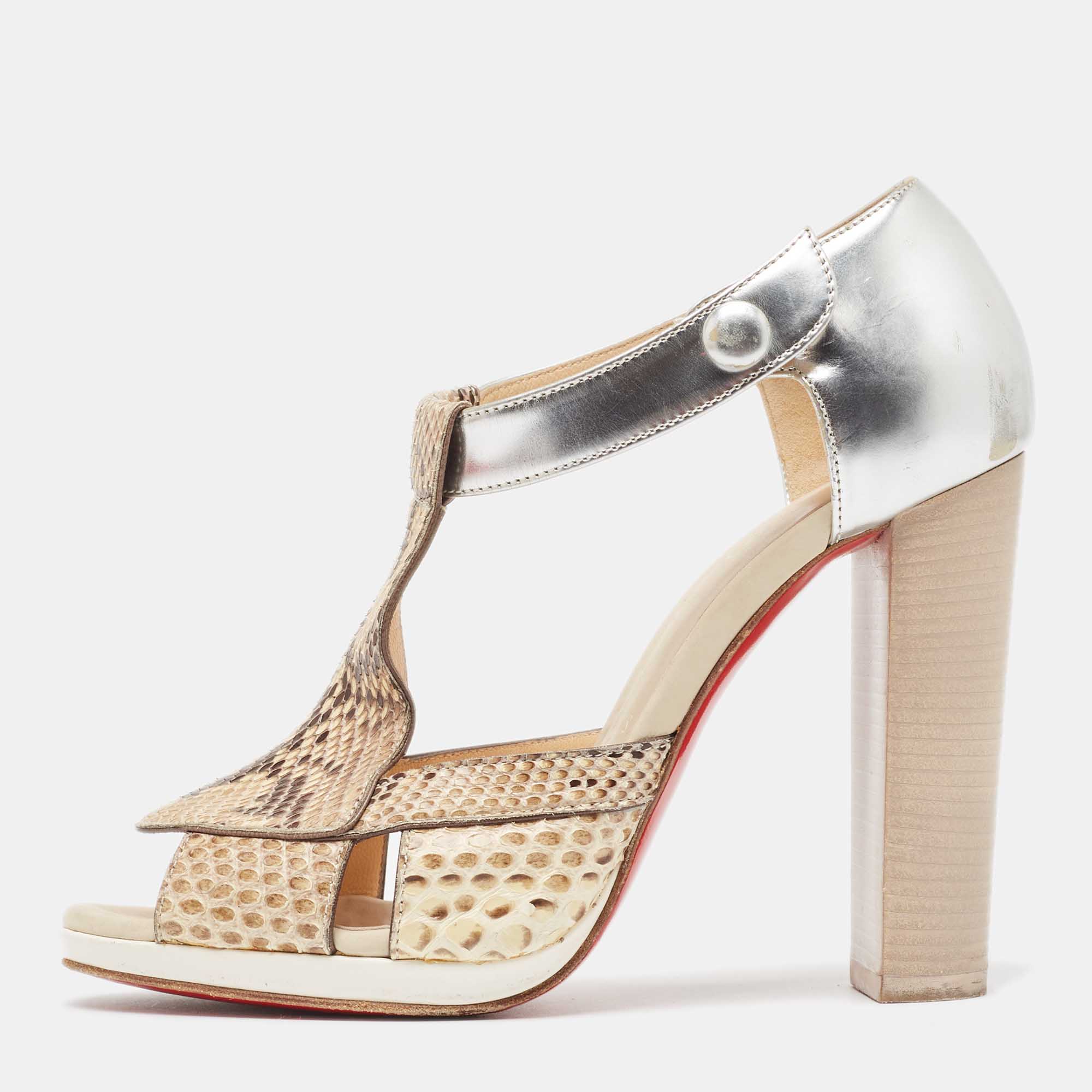 

Christian Louboutin Sliver/Beige Python Leather And Foil Leather Ankle Strap Sandals Size, Silver