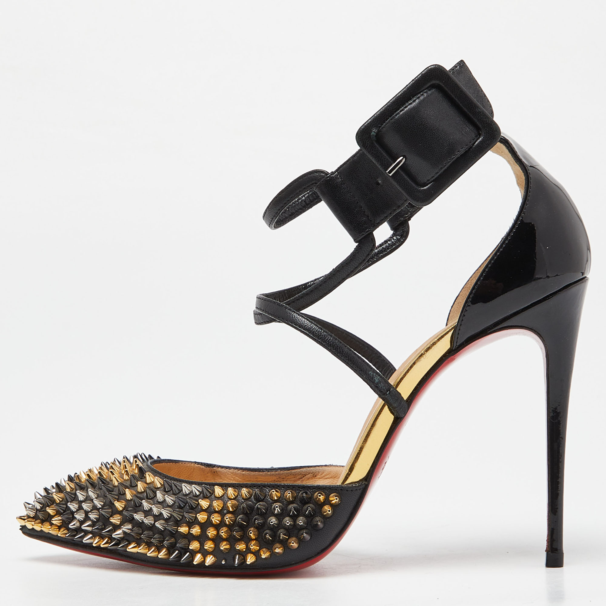 

Christian Louboutin Black Leather and Patent Leather Suzanna Spikes Leo Ankle Cuff Sandals Size