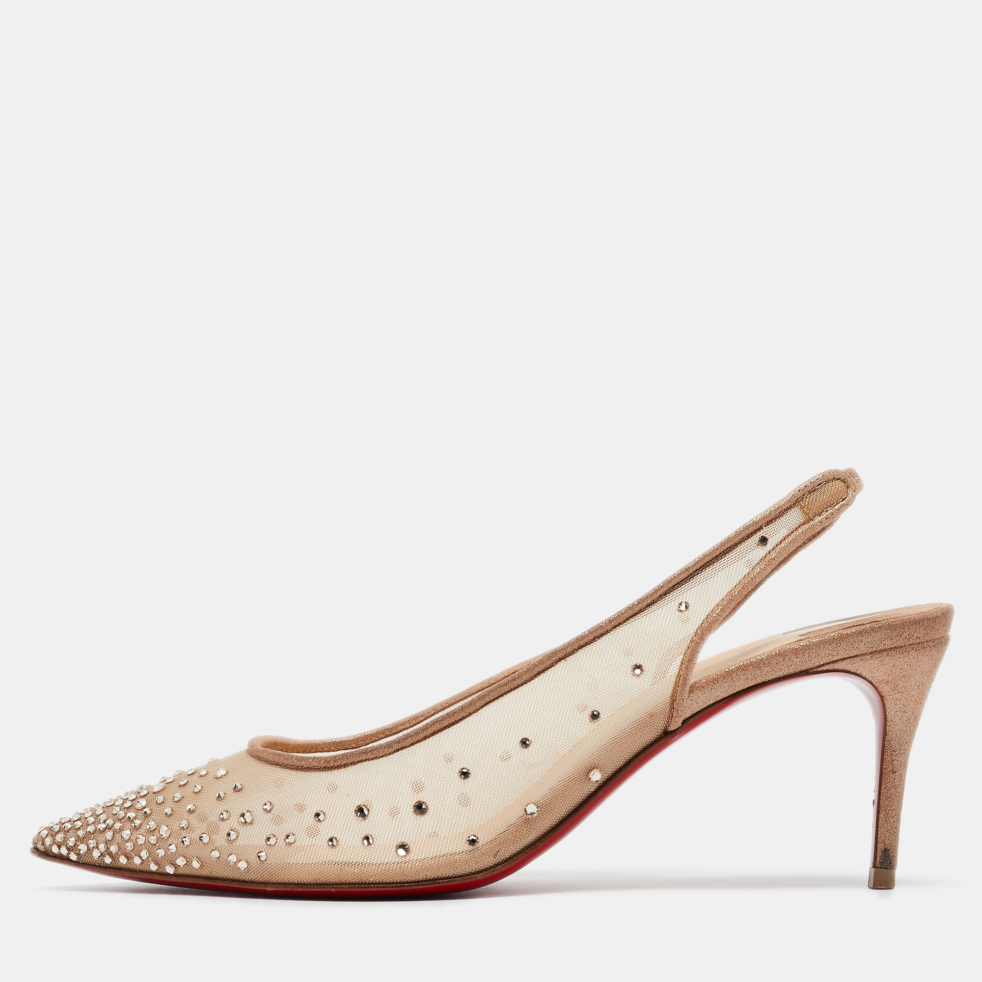 

Christian Louboutin Beige Mesh Follies Strass Slingback Pumps Size