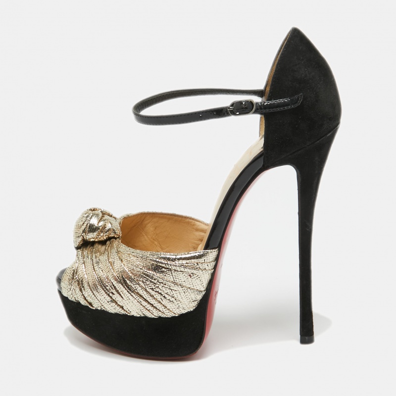 

Christian Louboutin Gold/Black Suede and Leather Ankle Strap Louboutin Pumps Size