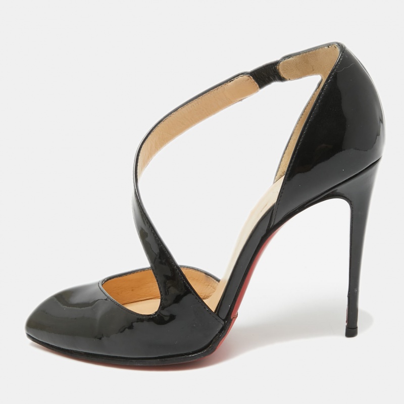 

Christian Louboutin Black Patent Leather Opgrade Cross Strap Pumps Size