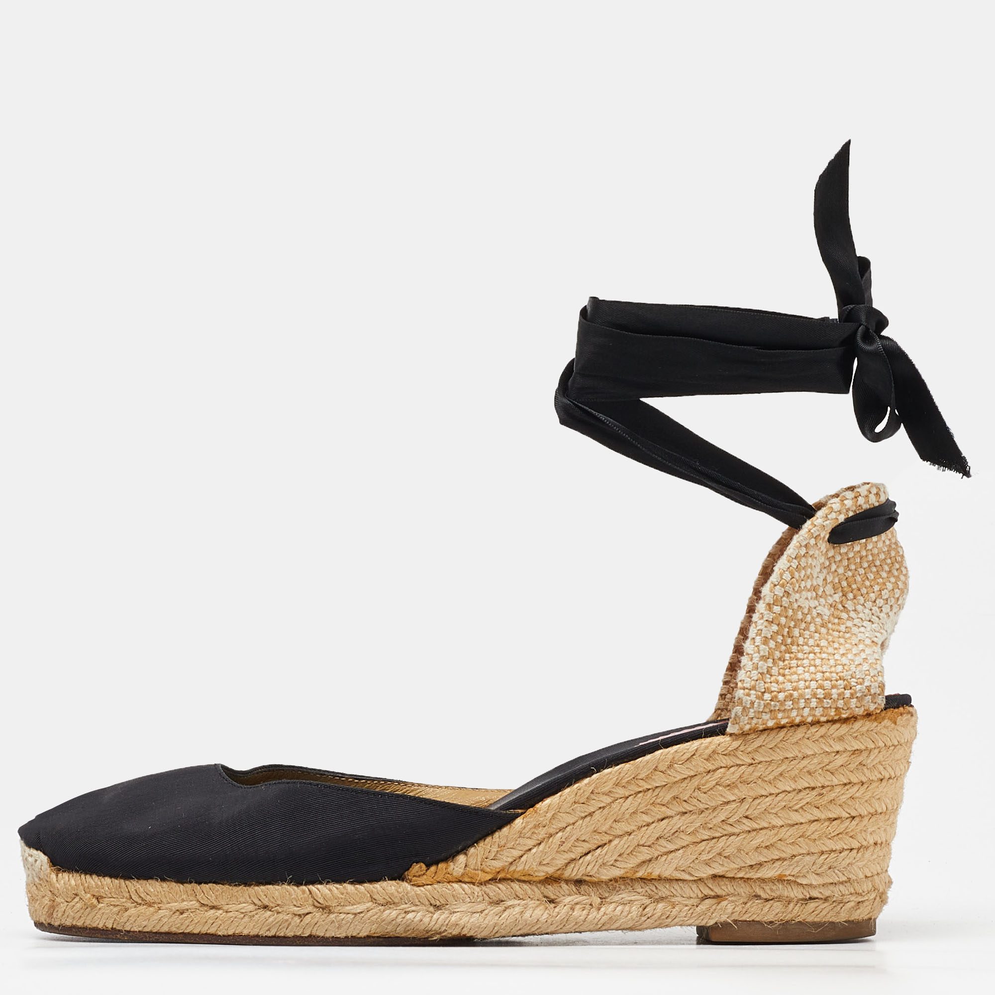 

Christian Louboutin Black/Beige Canvas and Woven Jute Carino Plato Wedge Espadrille Sandals Size