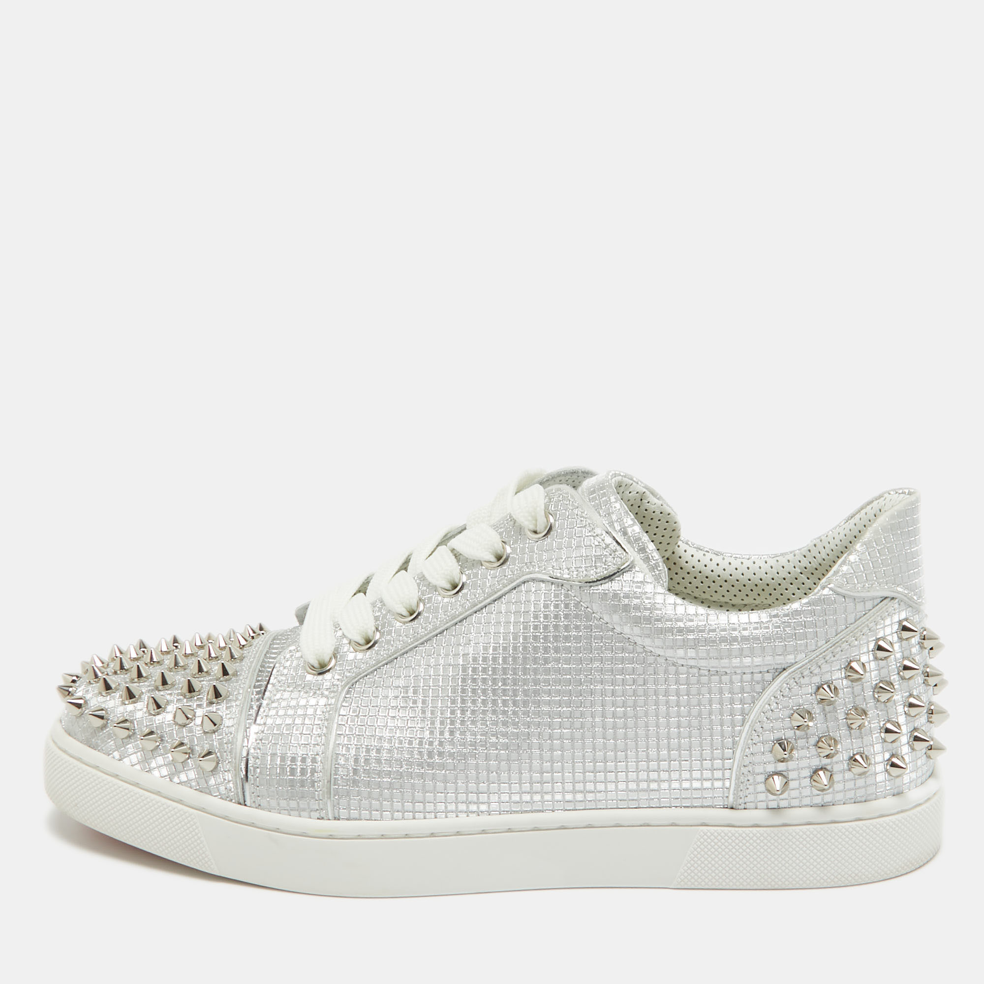 Pre-owned Christian Louboutin Silver Fabric Vieira 2 Spikes Sneakers Size 39.5