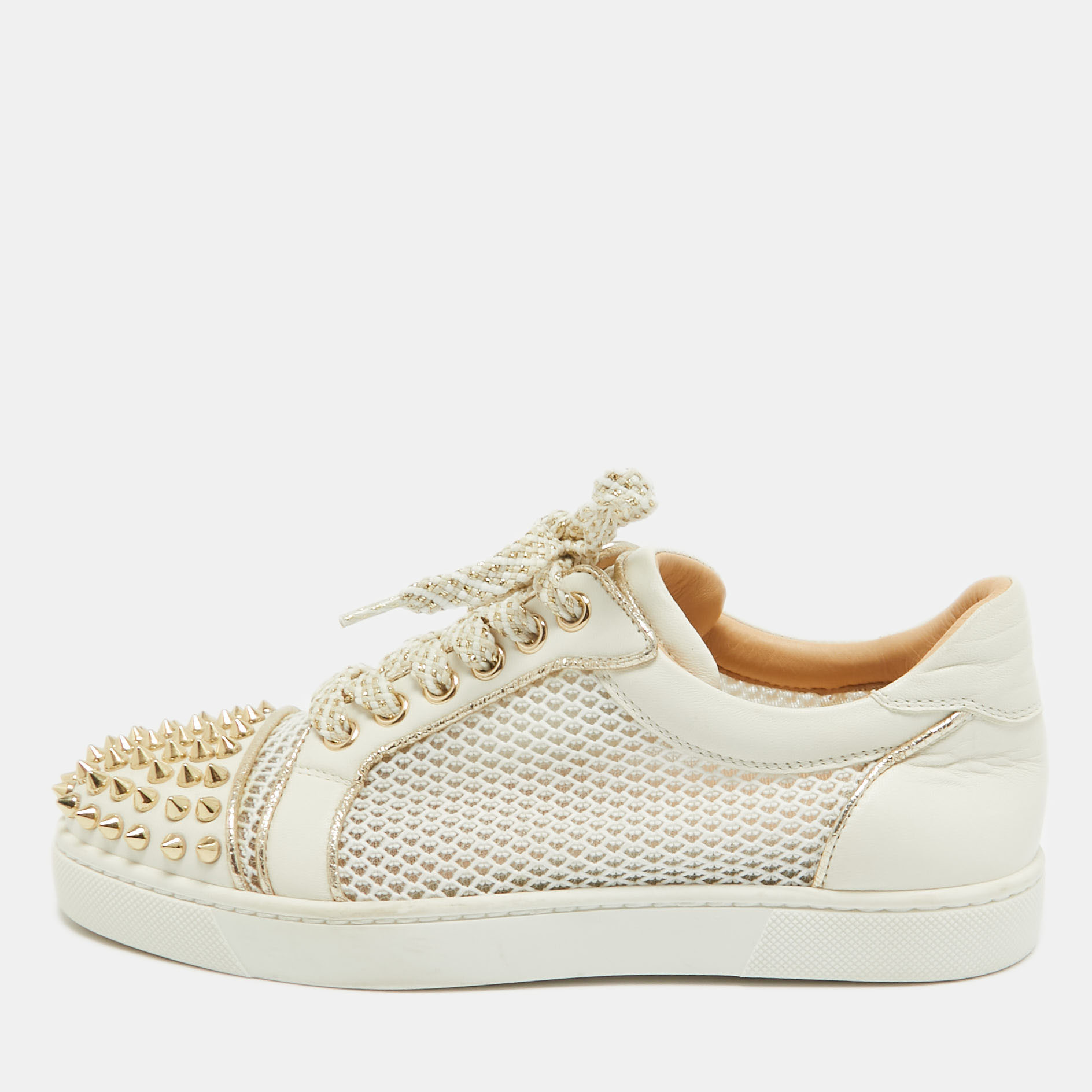 

Christian Louboutin White Mesh and Leather AC Viera Spiked Orlato Low Top Sneakers Size
