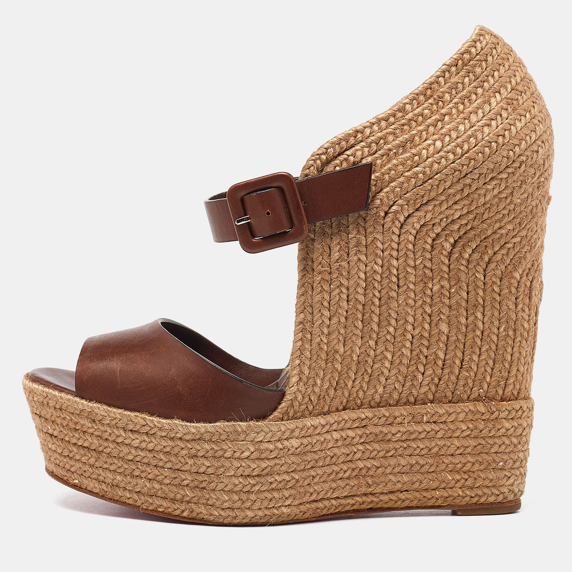 

Christian Louboutin Brown/Beige Leather And Jute Praia Wedge Espadrille Platform Ankle Strap Sandals Size