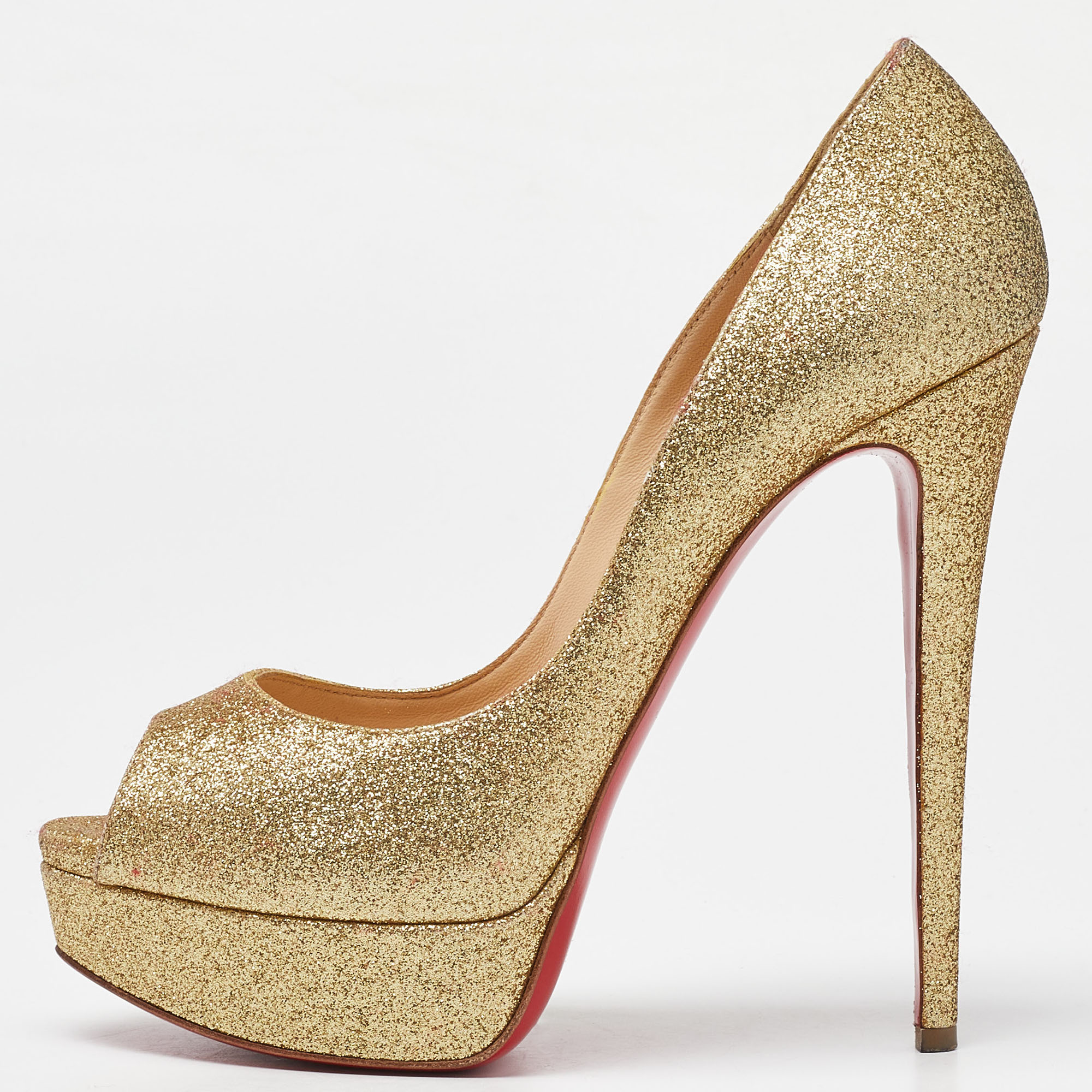 

Christian Louboutin Gold Glitter Lady Peep Toe Platform Pumps Size