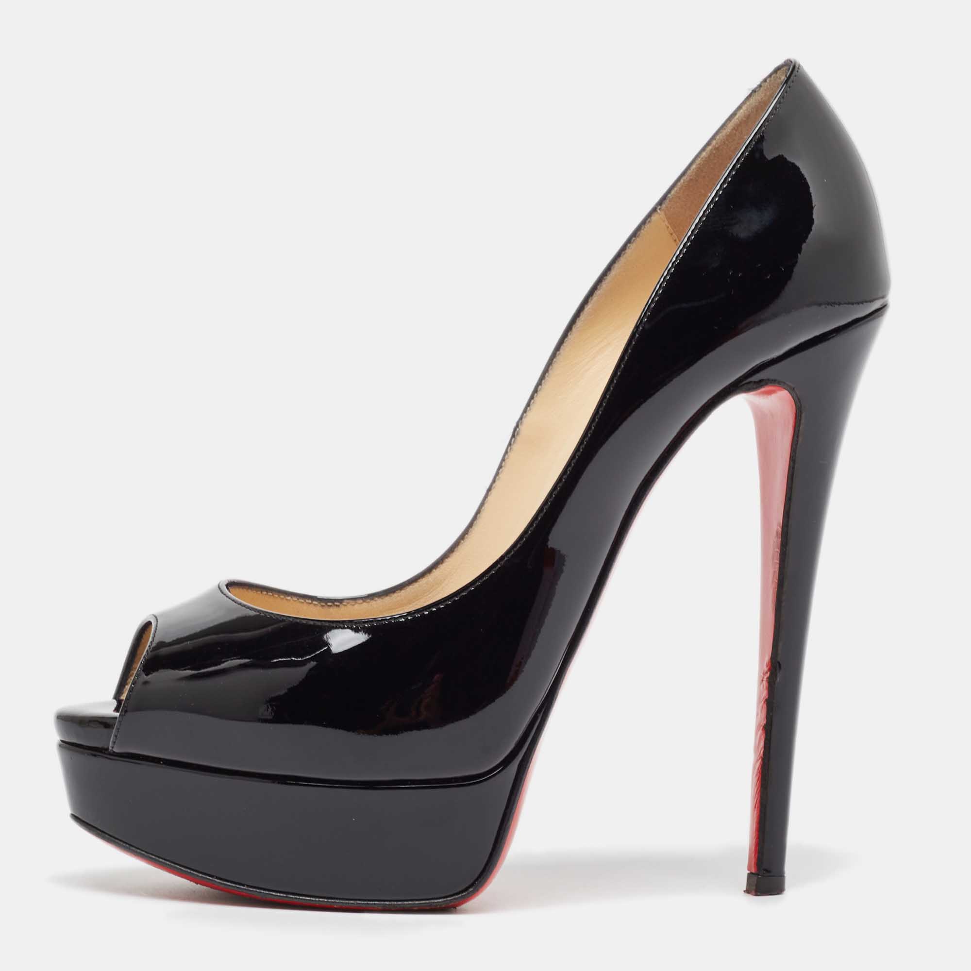 Pre-owned Christian Louboutin Black Patent Leather Lady Peep Pumps Size 37.5