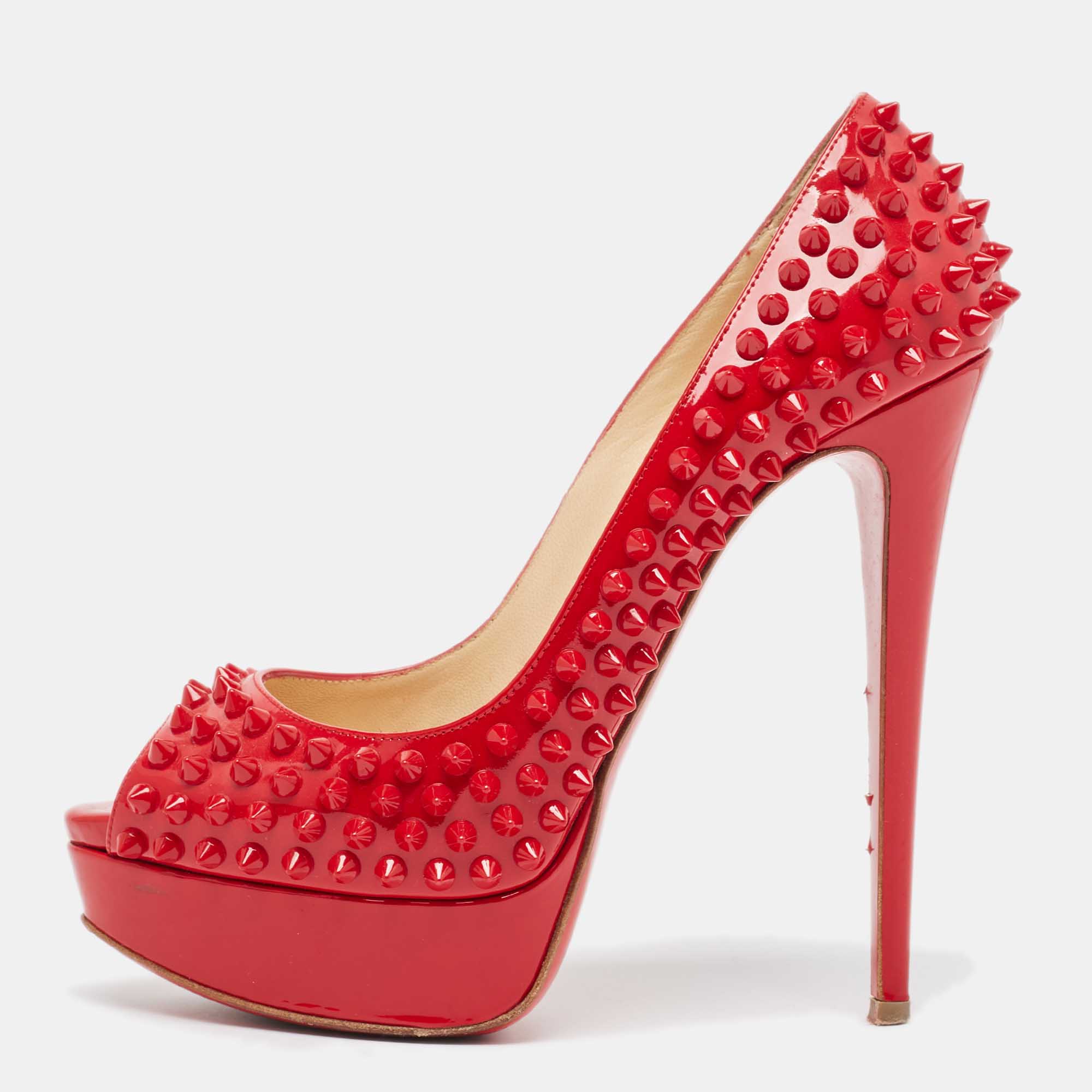 

Christian Louboutin Red Patent Leather Lady Peep Spikes Pumps Size