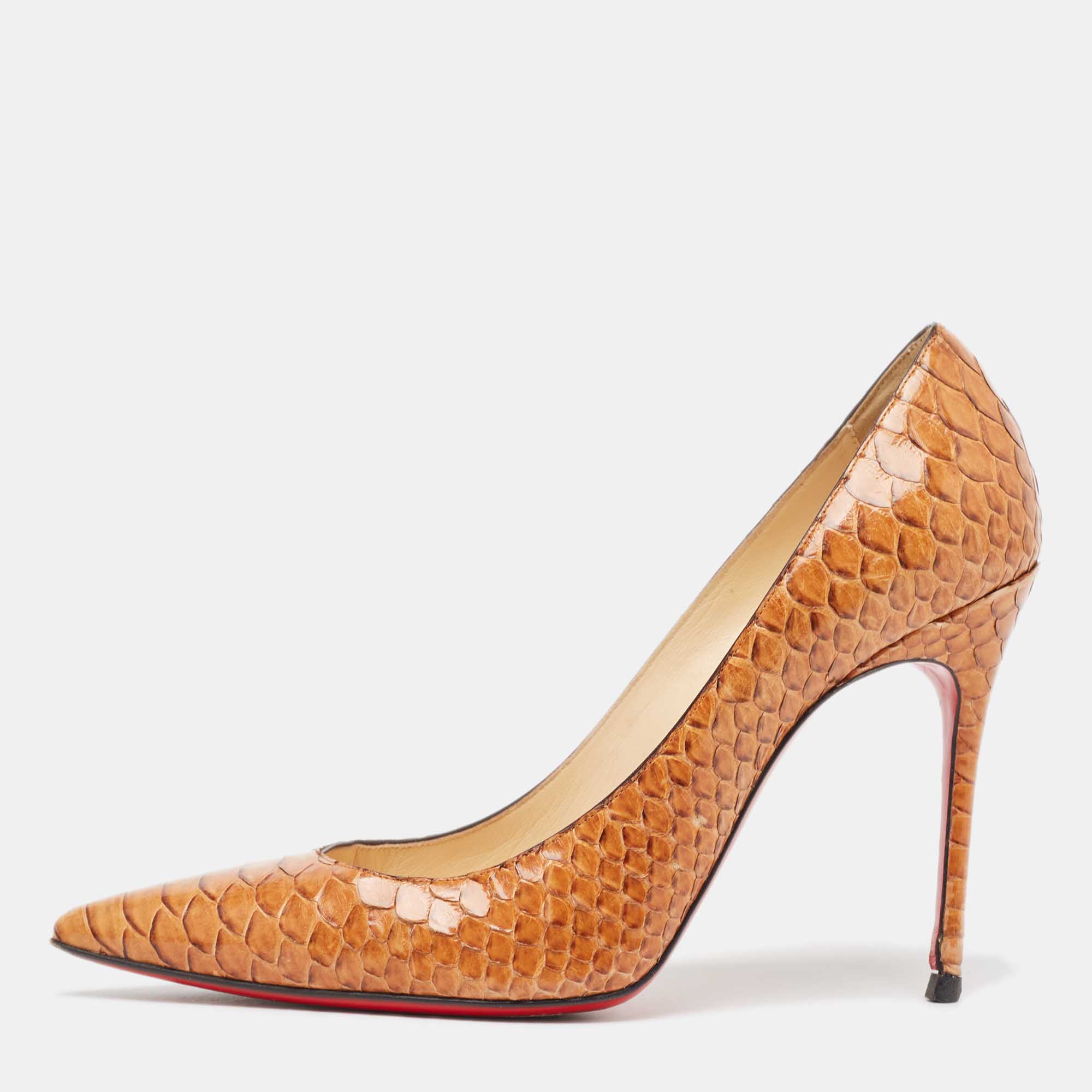 Pre-owned Christian Louboutin Gold Python Leather Pointed Toe Pumps Size 38.5 In Brown