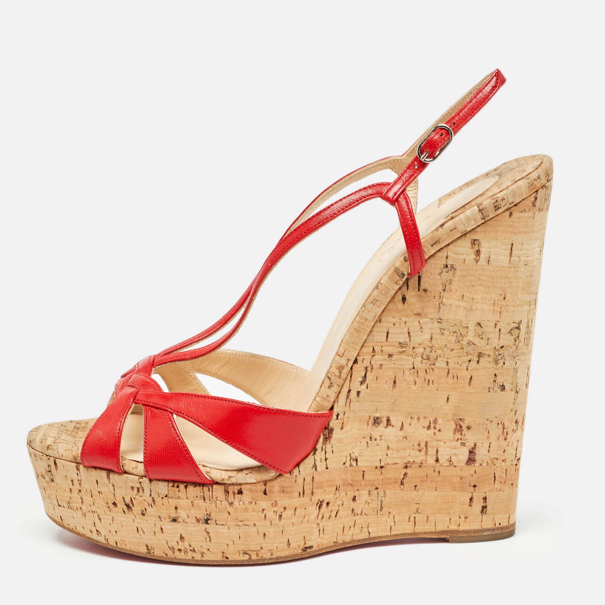 Pre-owned Christian Louboutin Red Leather Strappy Cork Wedge Sandals Size 40