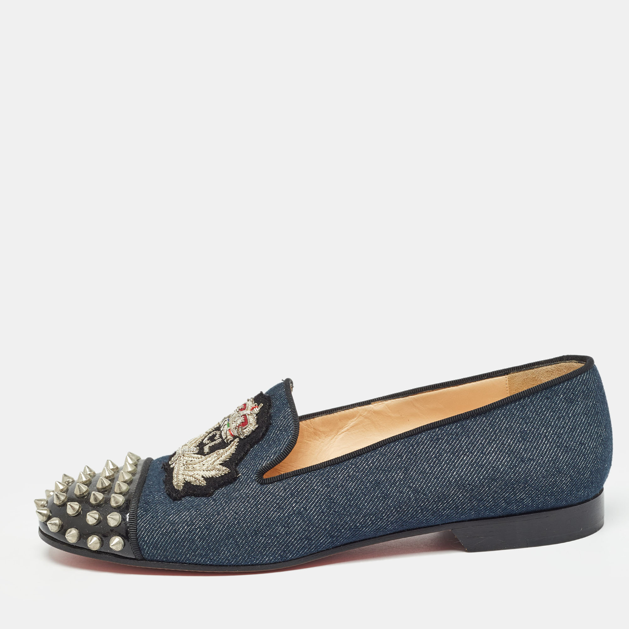Pre-owned Christian Louboutin Blue Denim Spike Smoking Slippers Size 38.5