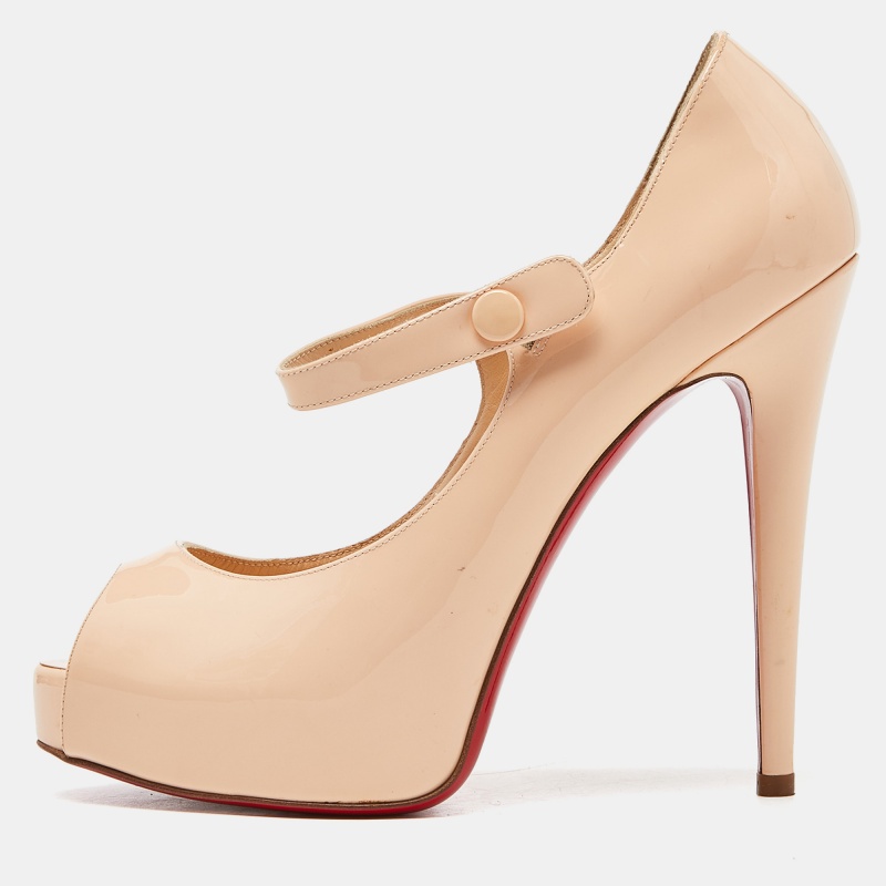 Pre-owned Christian Louboutin Beige Patent Leather Alta Mary Jane Platform Peep Toe Pumps Size 37